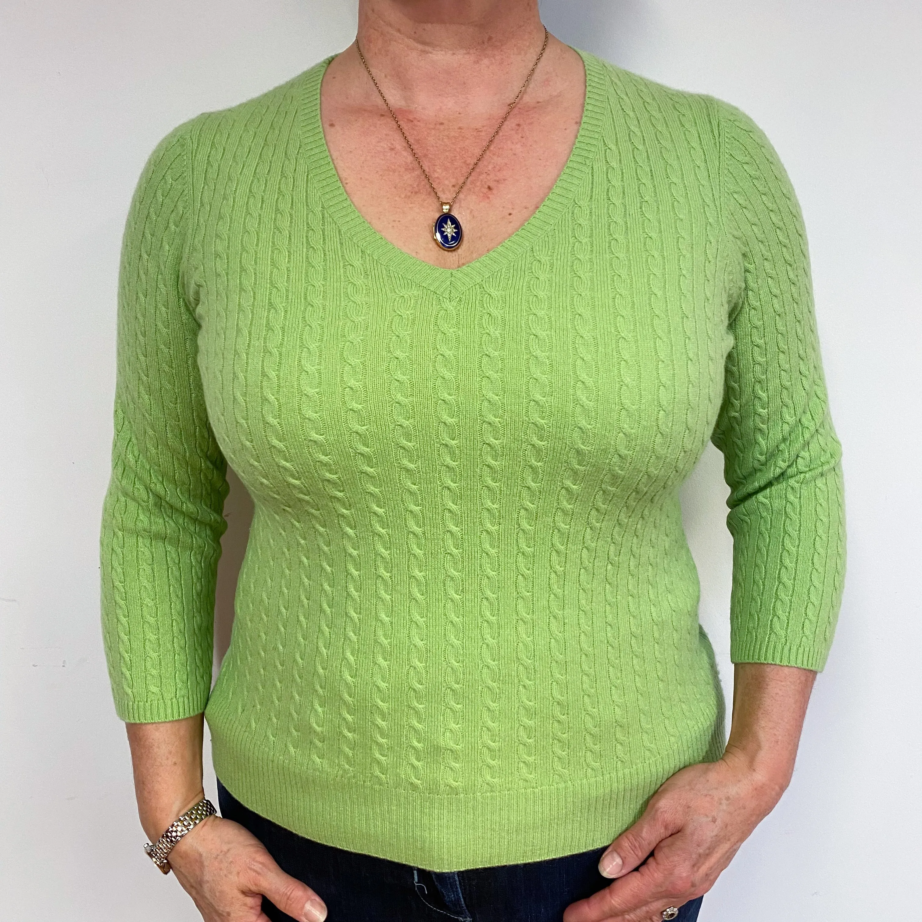 Lime Green Cable Cashmere V-Neck Jumper Large