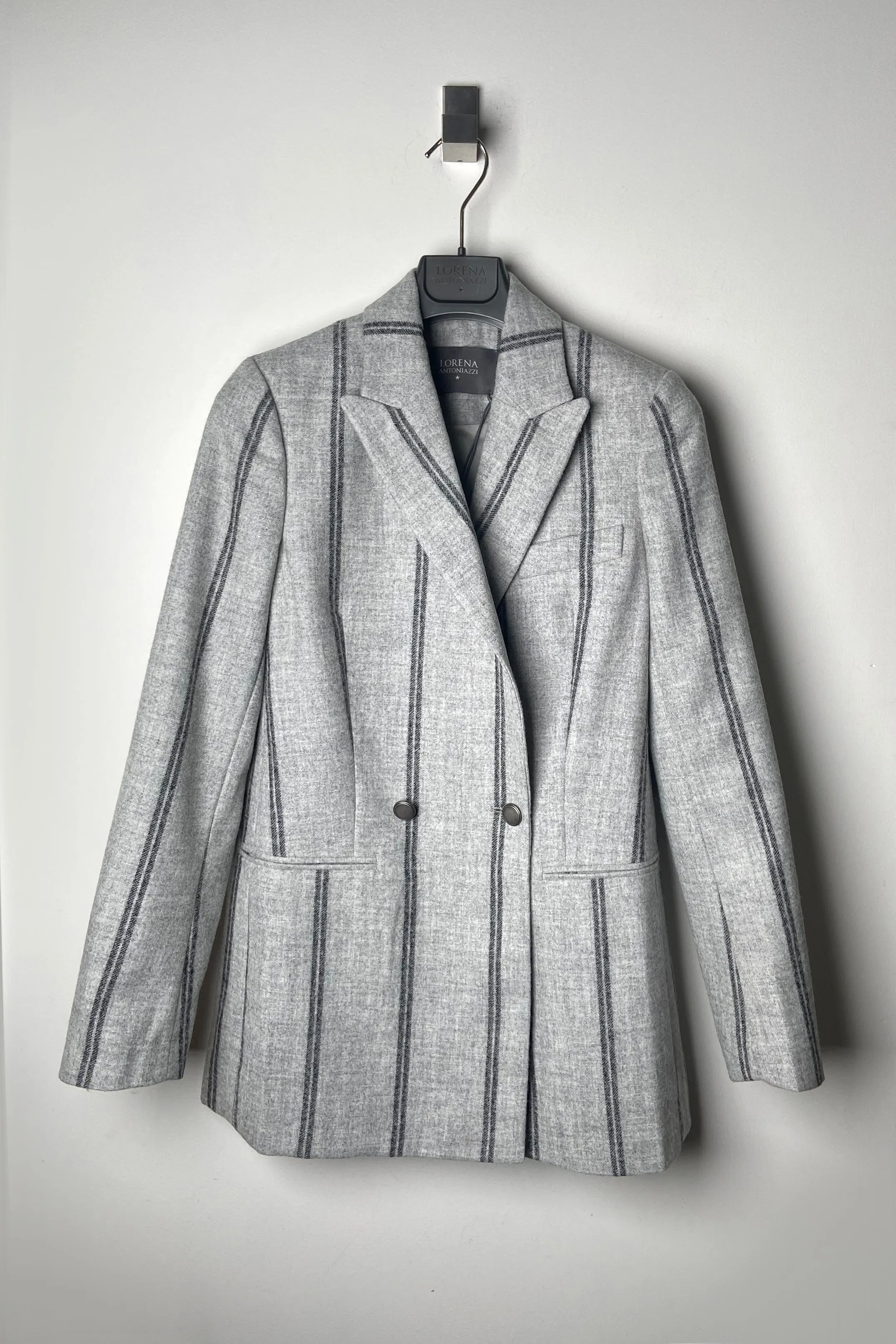 Lorena Antoniazzi Double-Breasted Wool Stripe Blazer in Grey Melange