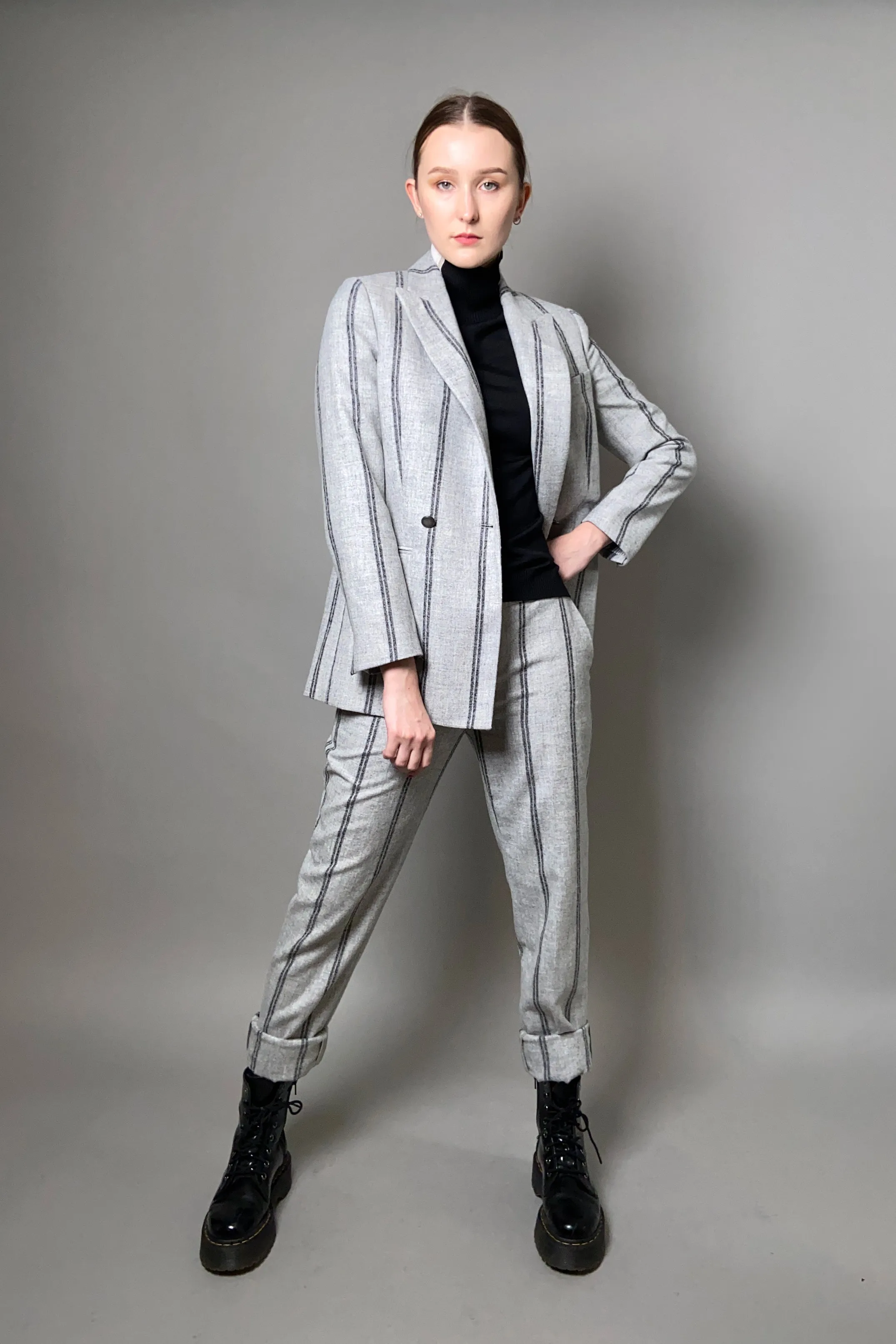 Lorena Antoniazzi Double-Breasted Wool Stripe Blazer in Grey Melange