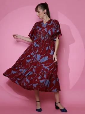 Maroon Printed V-Neck Maxi Dress