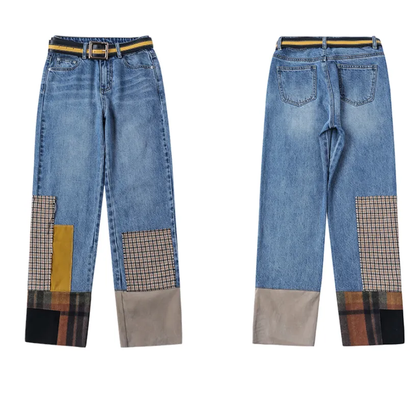 MAXMARTIN HIGH RISE STRAIGHT LEG JEANS WITH CHECK PATCHES