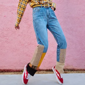 MAXMARTIN HIGH RISE STRAIGHT LEG JEANS WITH CHECK PATCHES