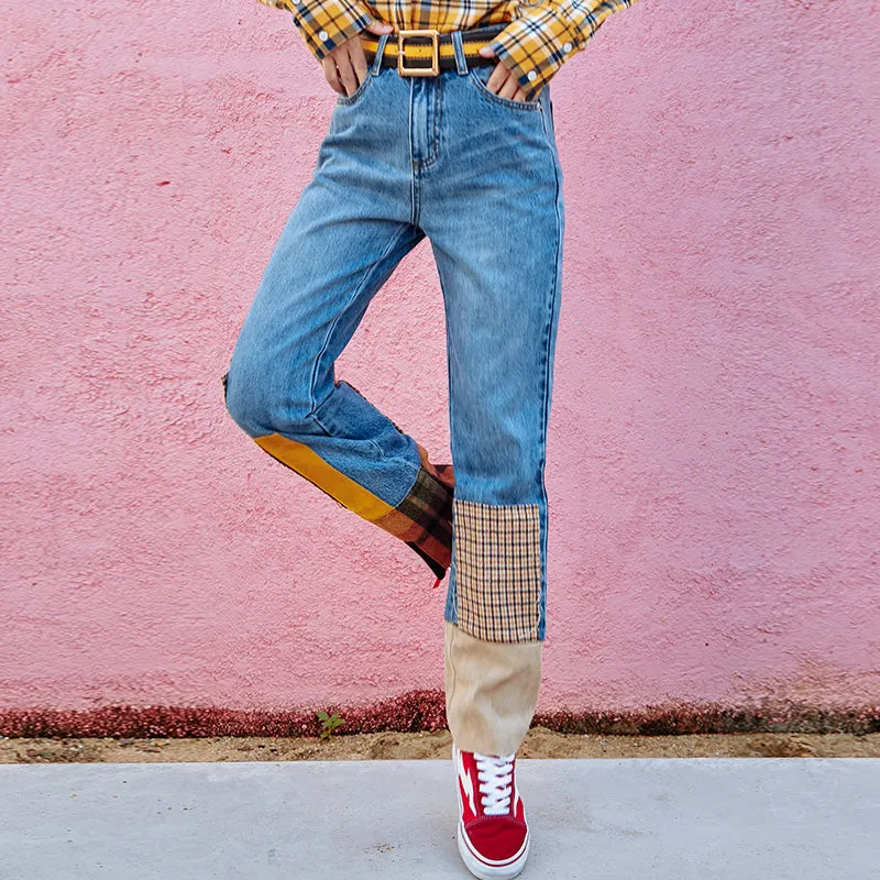 MAXMARTIN HIGH RISE STRAIGHT LEG JEANS WITH CHECK PATCHES