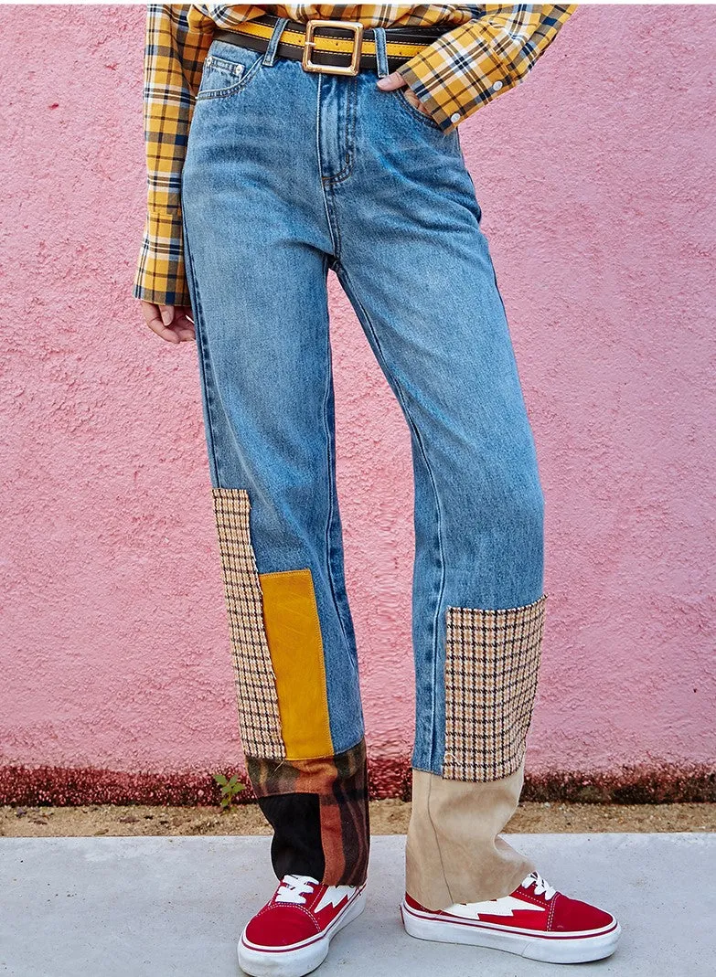 MAXMARTIN HIGH RISE STRAIGHT LEG JEANS WITH CHECK PATCHES