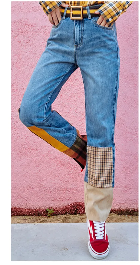 MAXMARTIN HIGH RISE STRAIGHT LEG JEANS WITH CHECK PATCHES