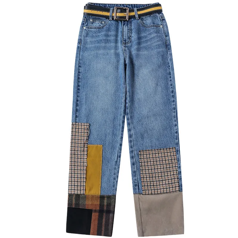 MAXMARTIN HIGH RISE STRAIGHT LEG JEANS WITH CHECK PATCHES