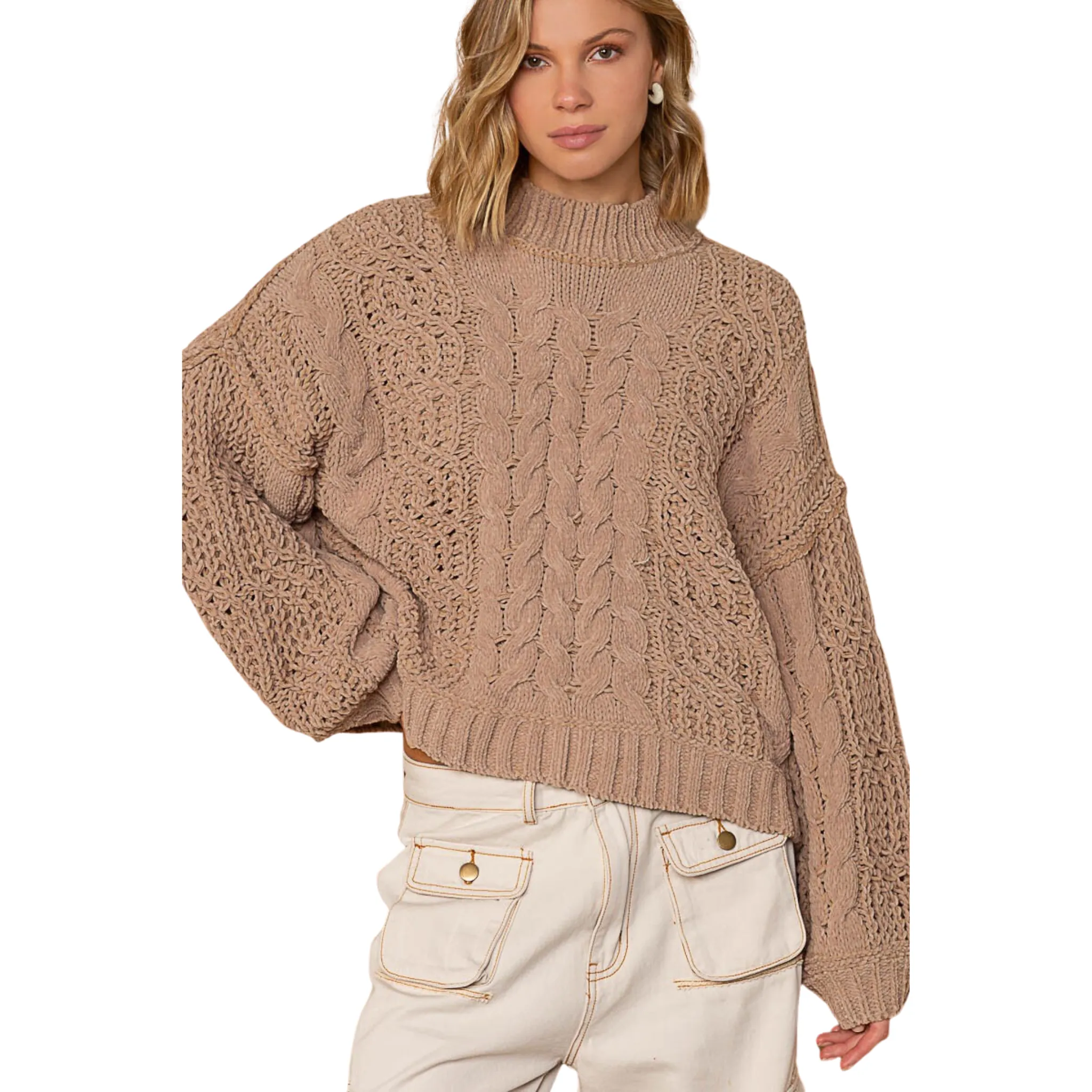 Mock Neck Cable Knit Sweater