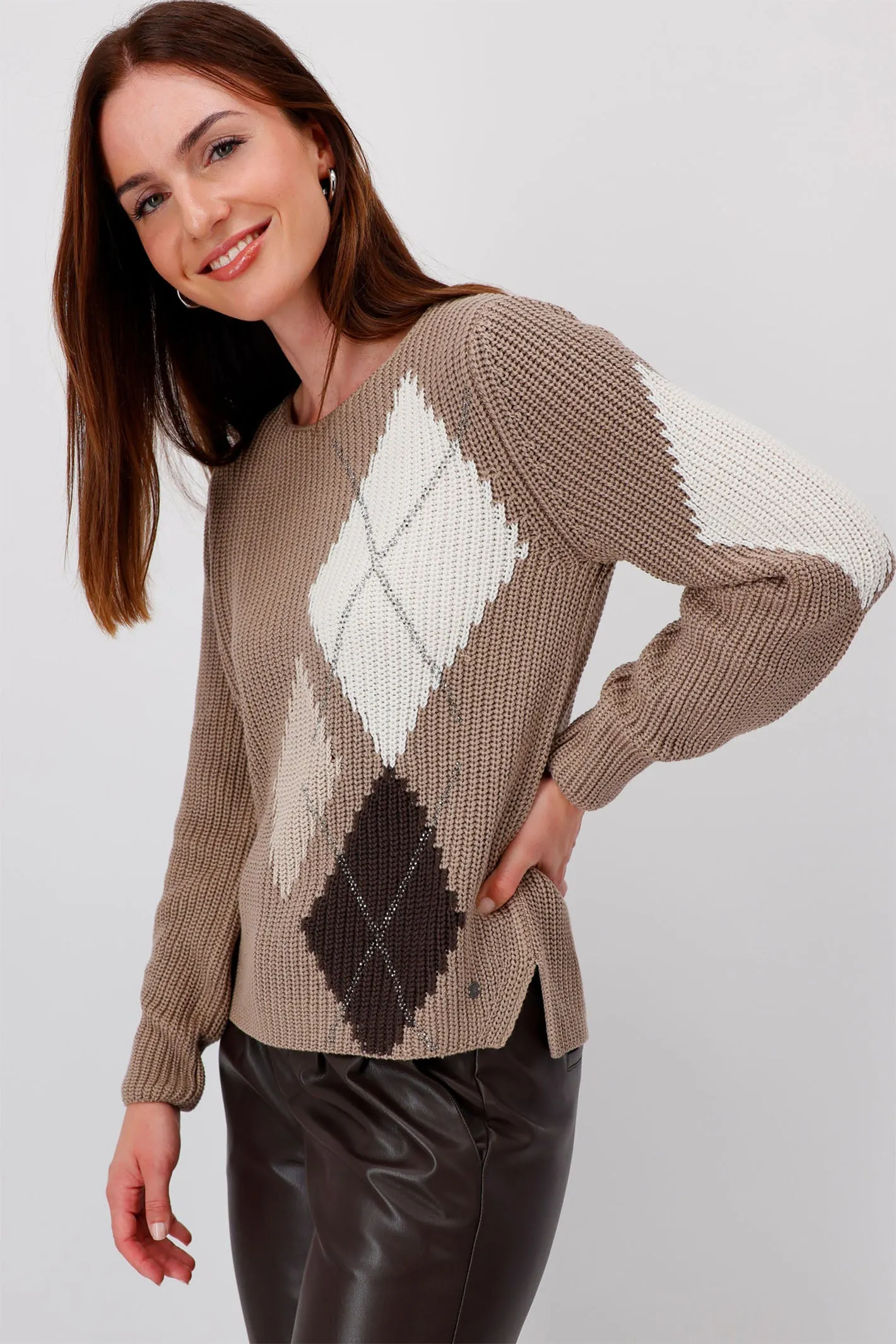 Monari 808377 Brown Chalk Diamond Print Round Neck Jumper