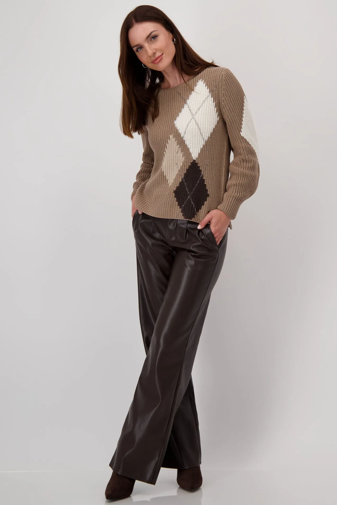 Monari 808377 Brown Chalk Diamond Print Round Neck Jumper