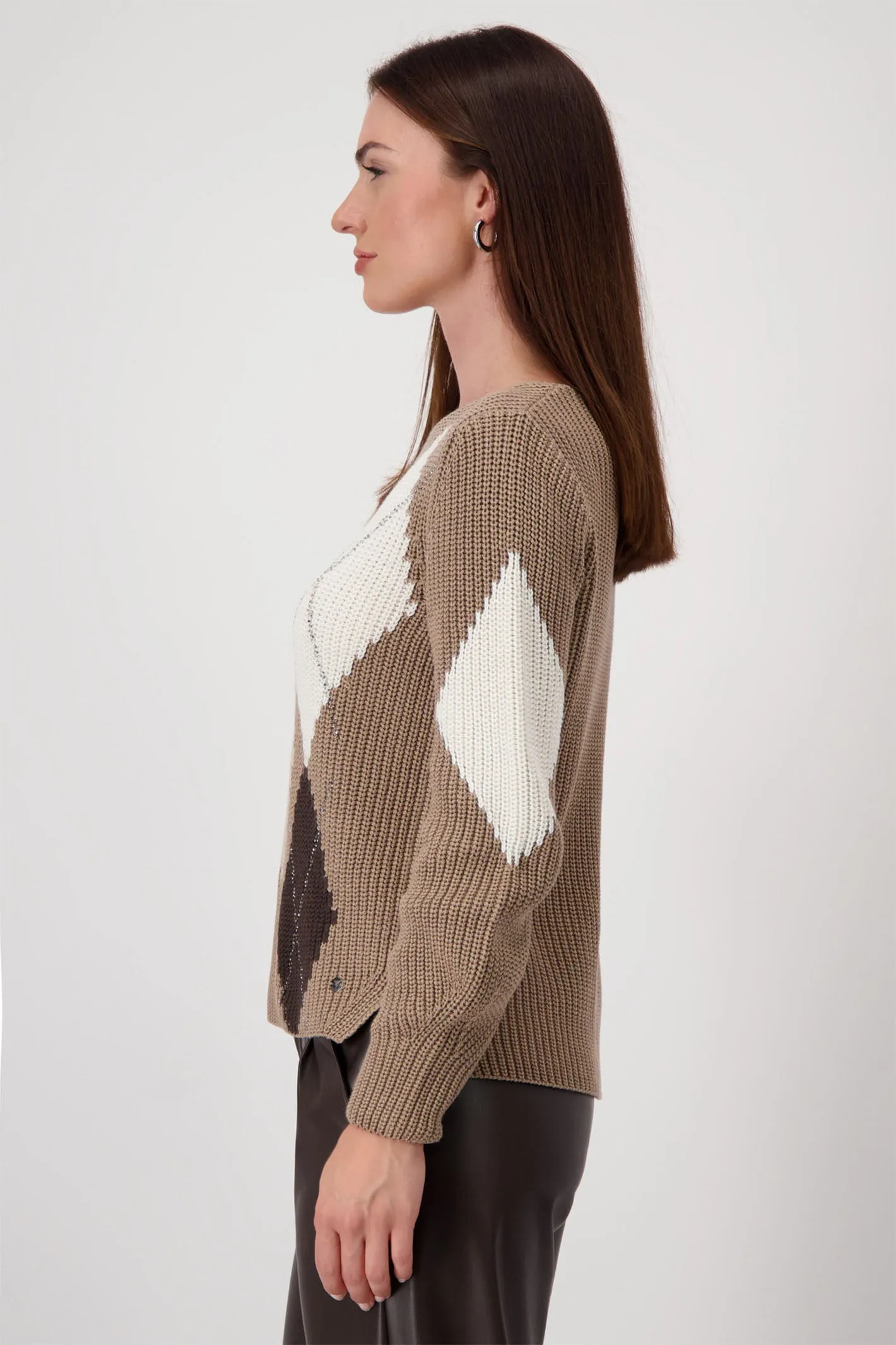 Monari 808377 Brown Chalk Diamond Print Round Neck Jumper