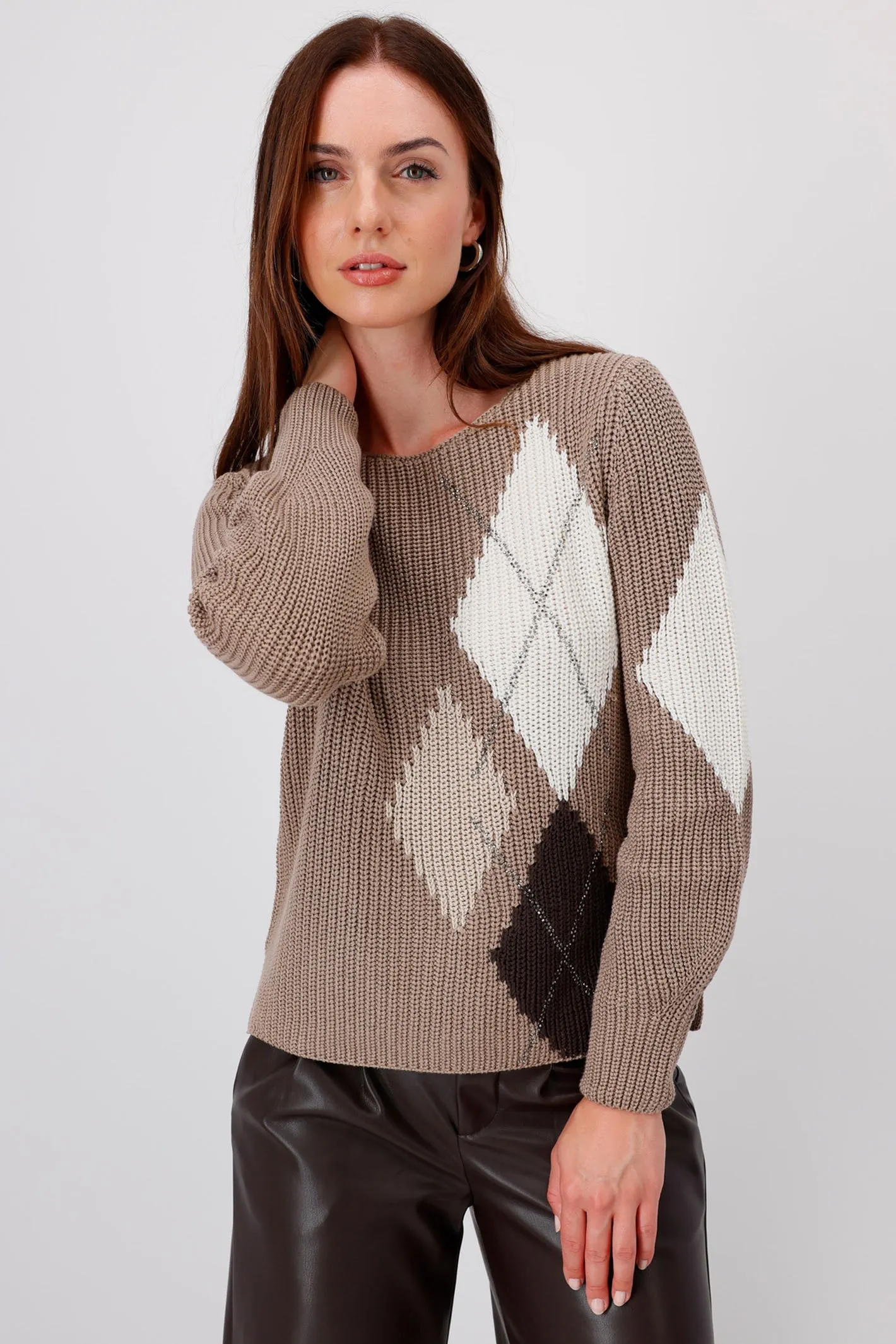 Monari 808377 Brown Chalk Diamond Print Round Neck Jumper