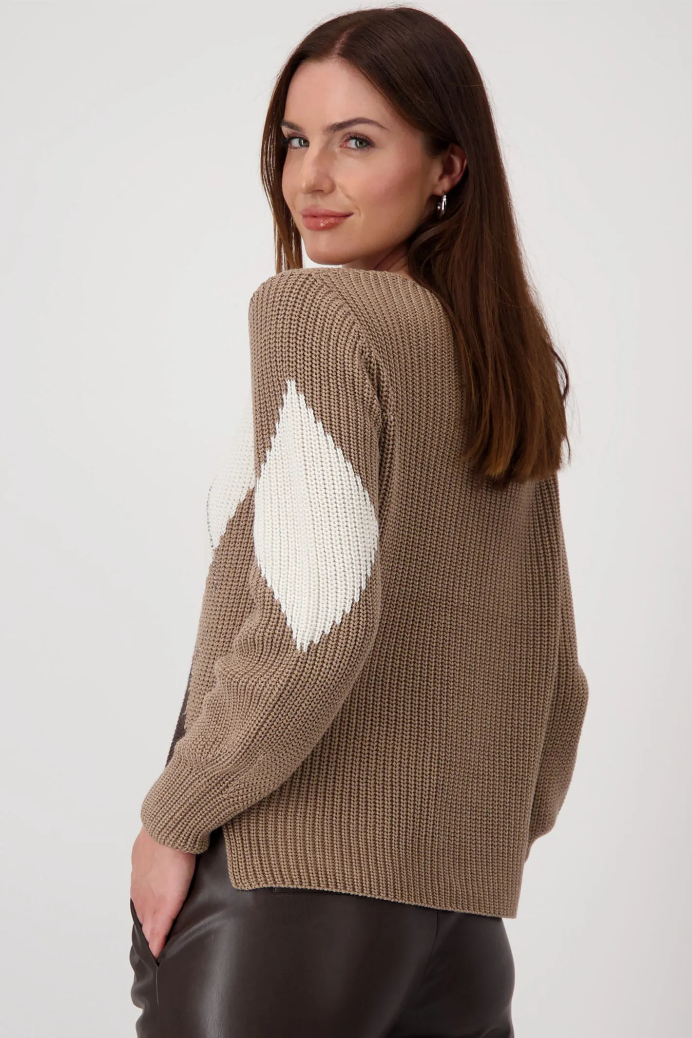 Monari 808377 Brown Chalk Diamond Print Round Neck Jumper