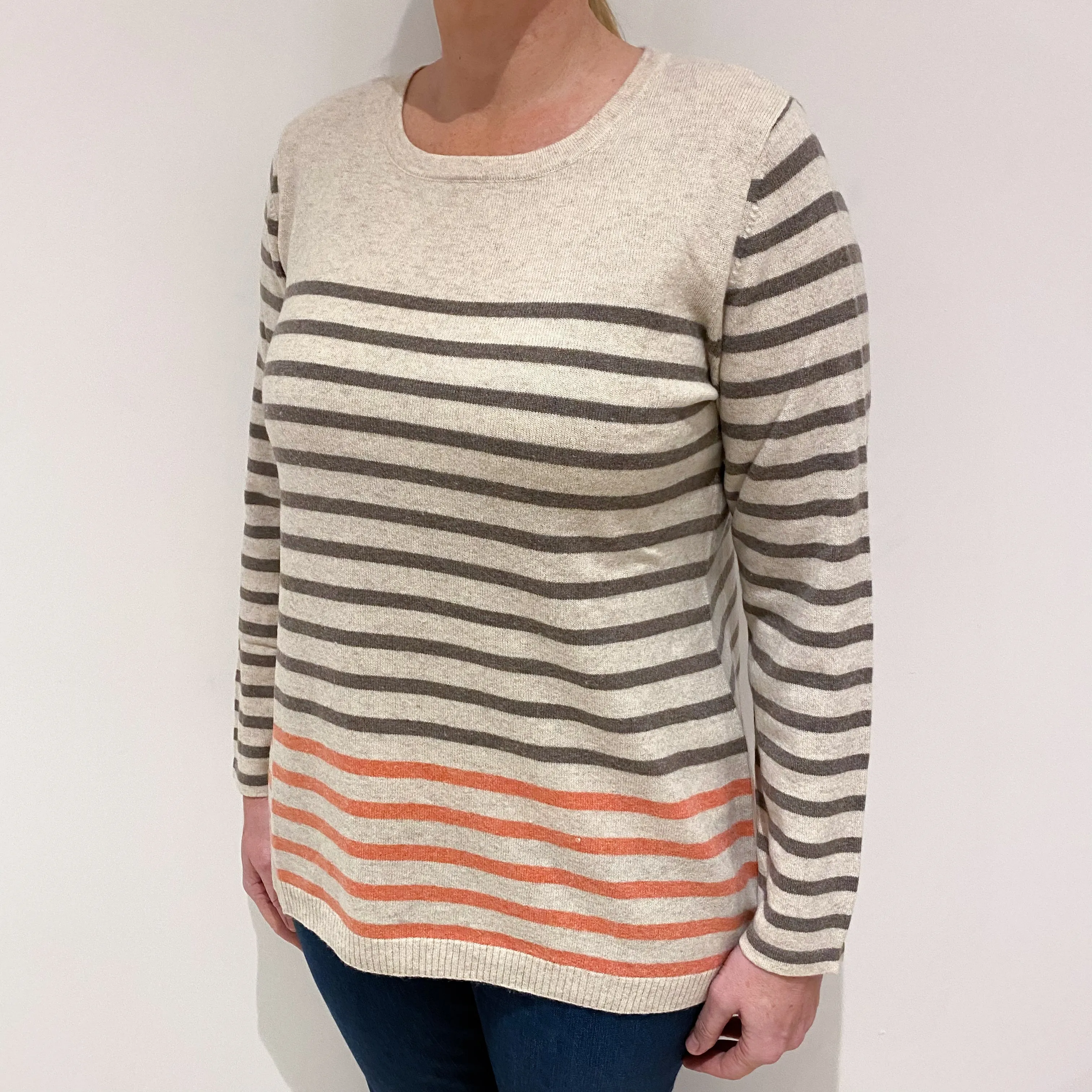 Oatmeal Brown Stripe Cashmere Crew Neck Jumper Large