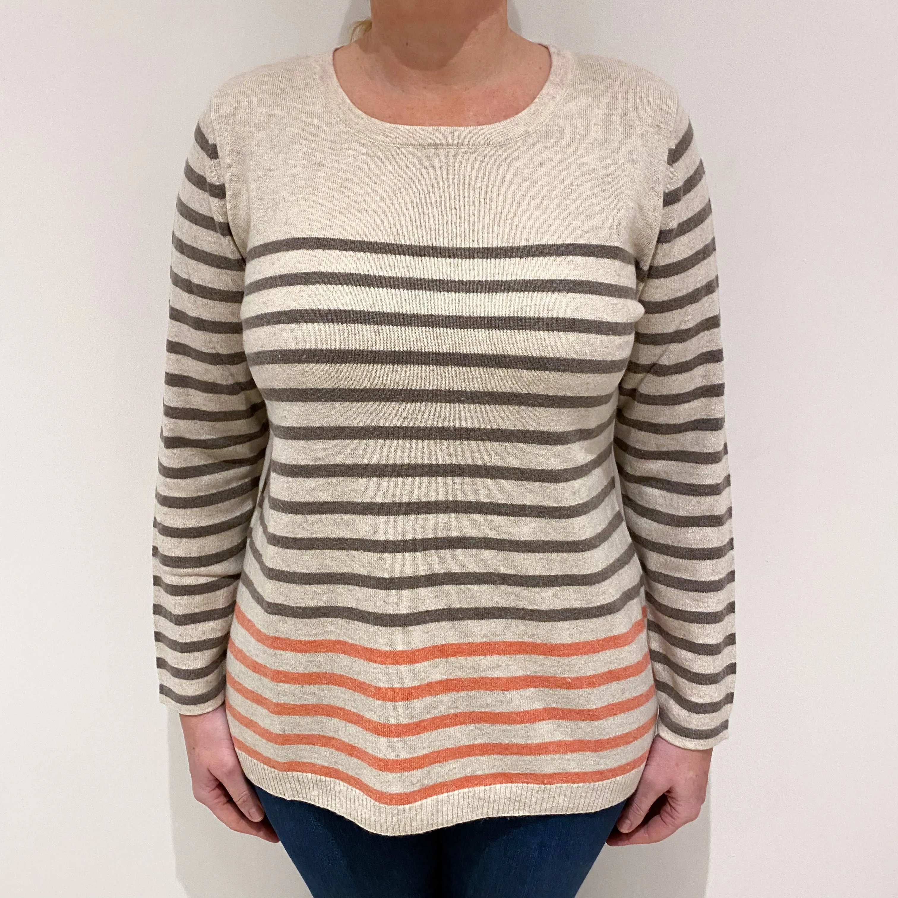 Oatmeal Brown Stripe Cashmere Crew Neck Jumper Large