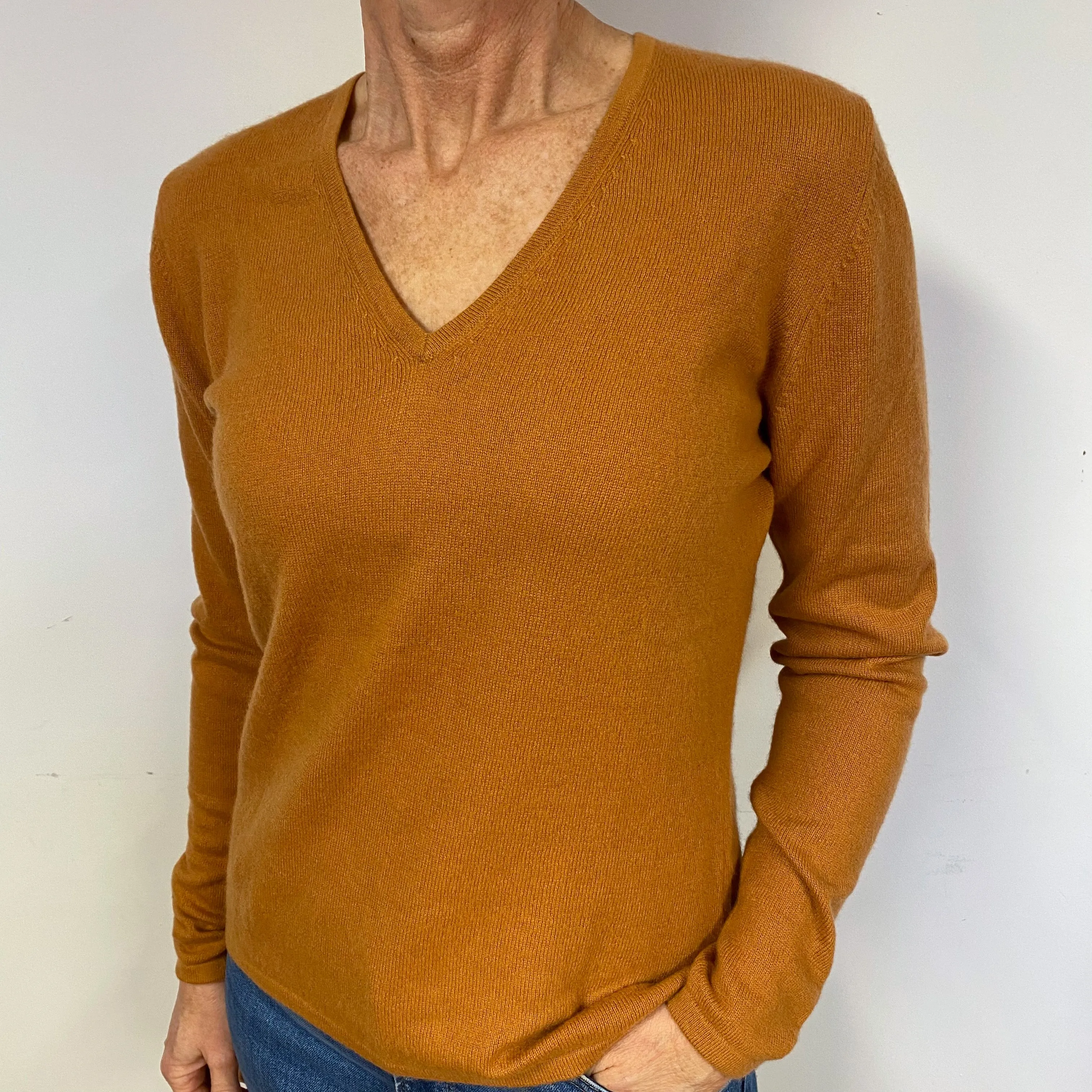 Ochre Yellow Cashmere V-Neck Jumper Medium