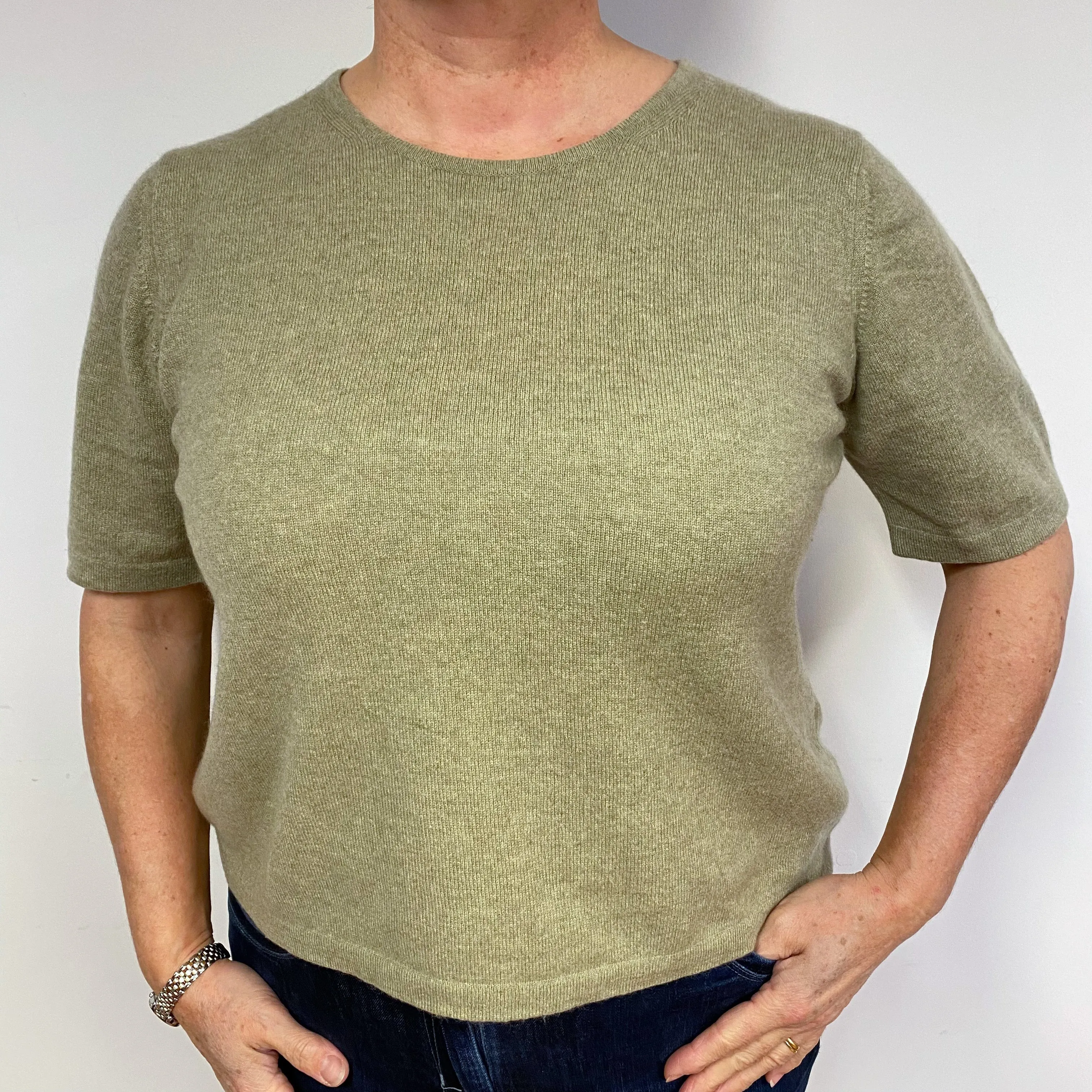 Olive Green Cashmere Short Sleeved Jumper Large