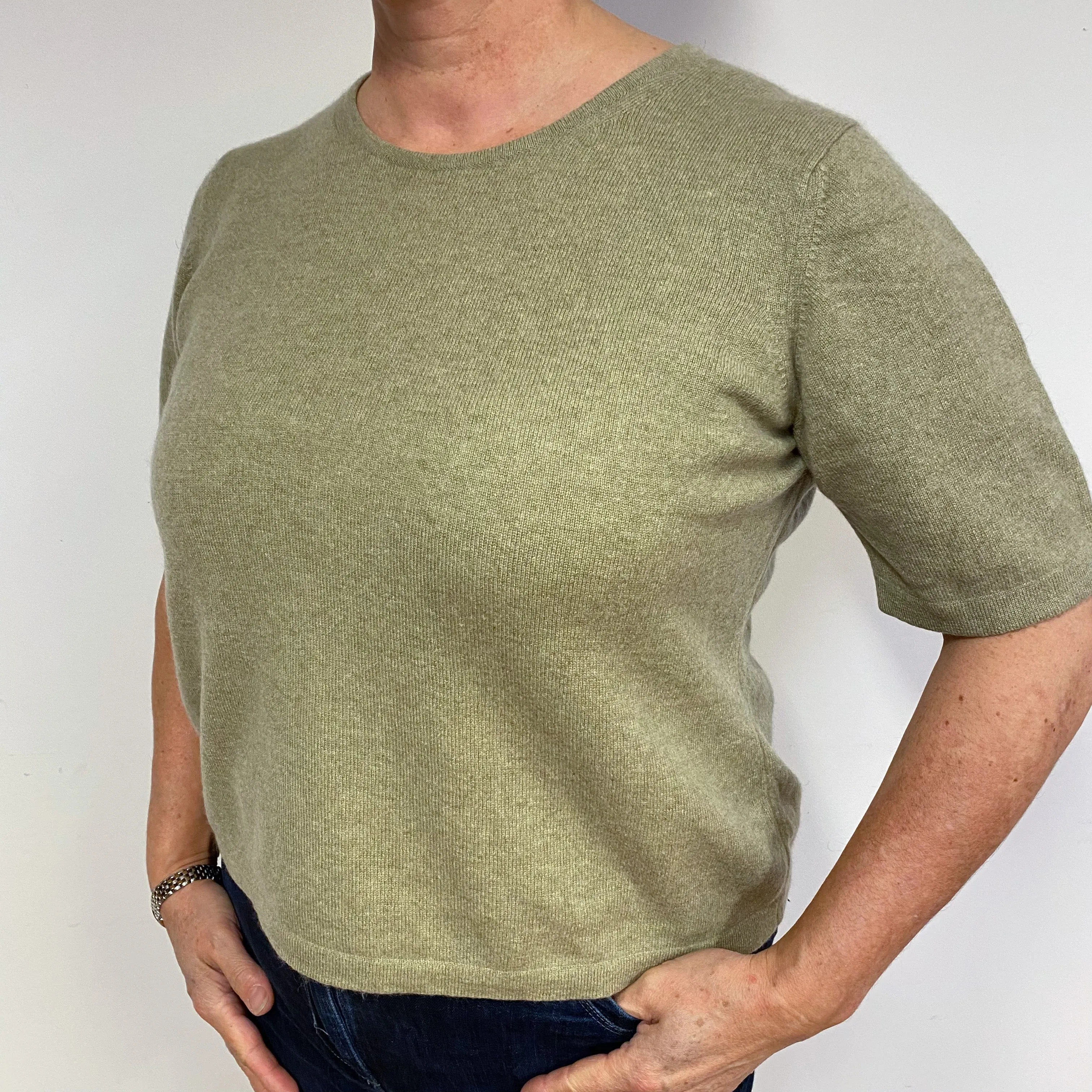 Olive Green Cashmere Short Sleeved Jumper Large