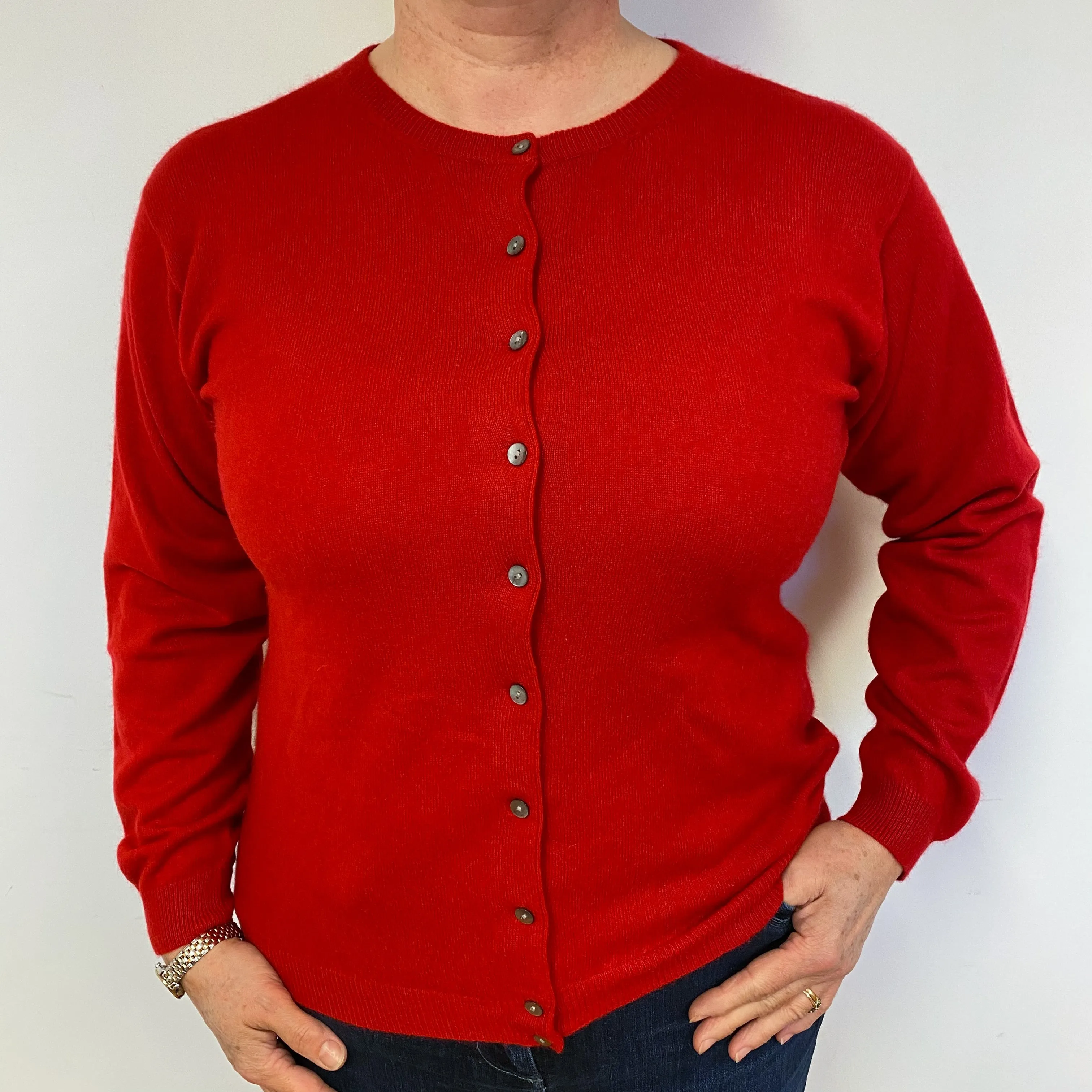 Post Box Red Cashmere Crew Neck Cardigan Large.
