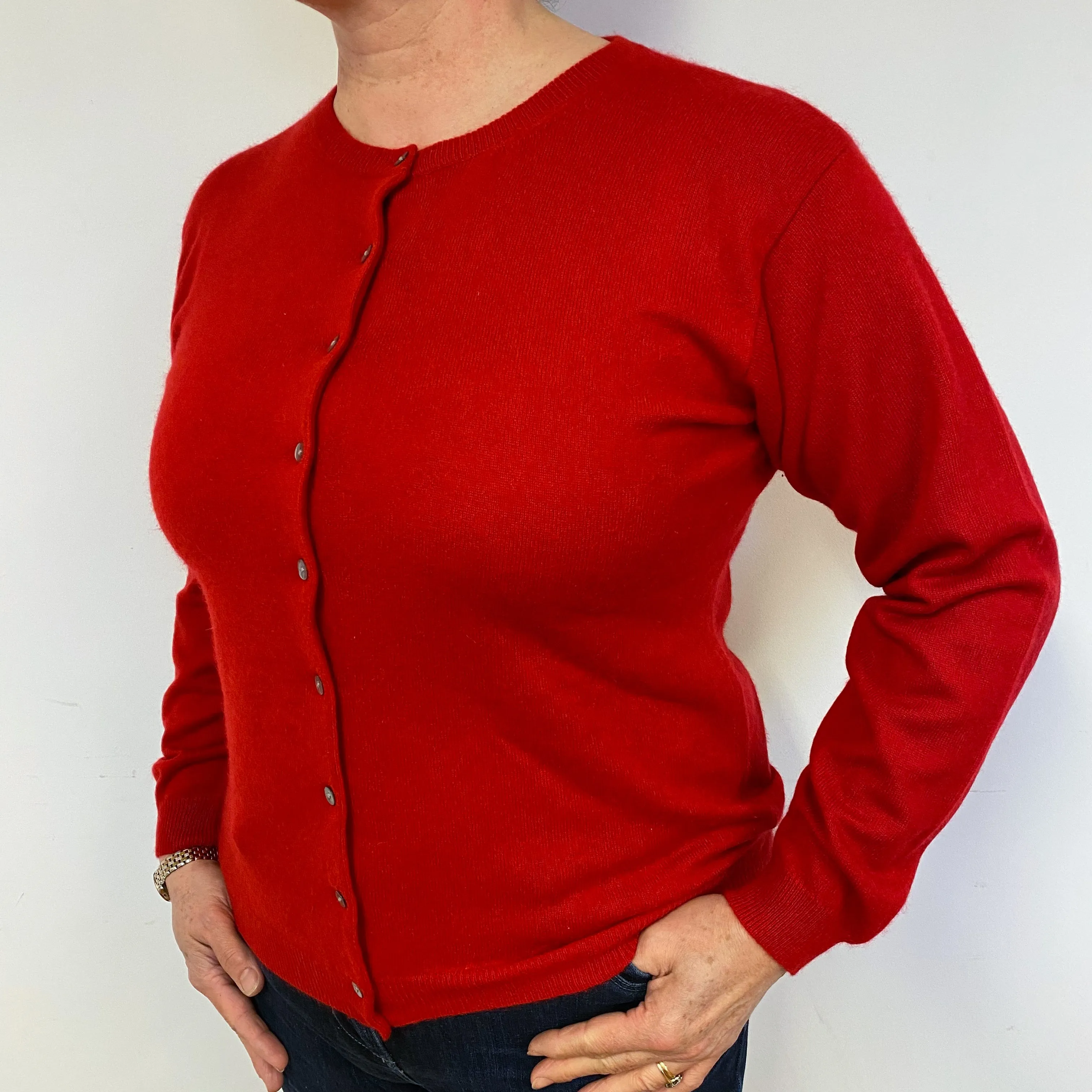 Post Box Red Cashmere Crew Neck Cardigan Large.