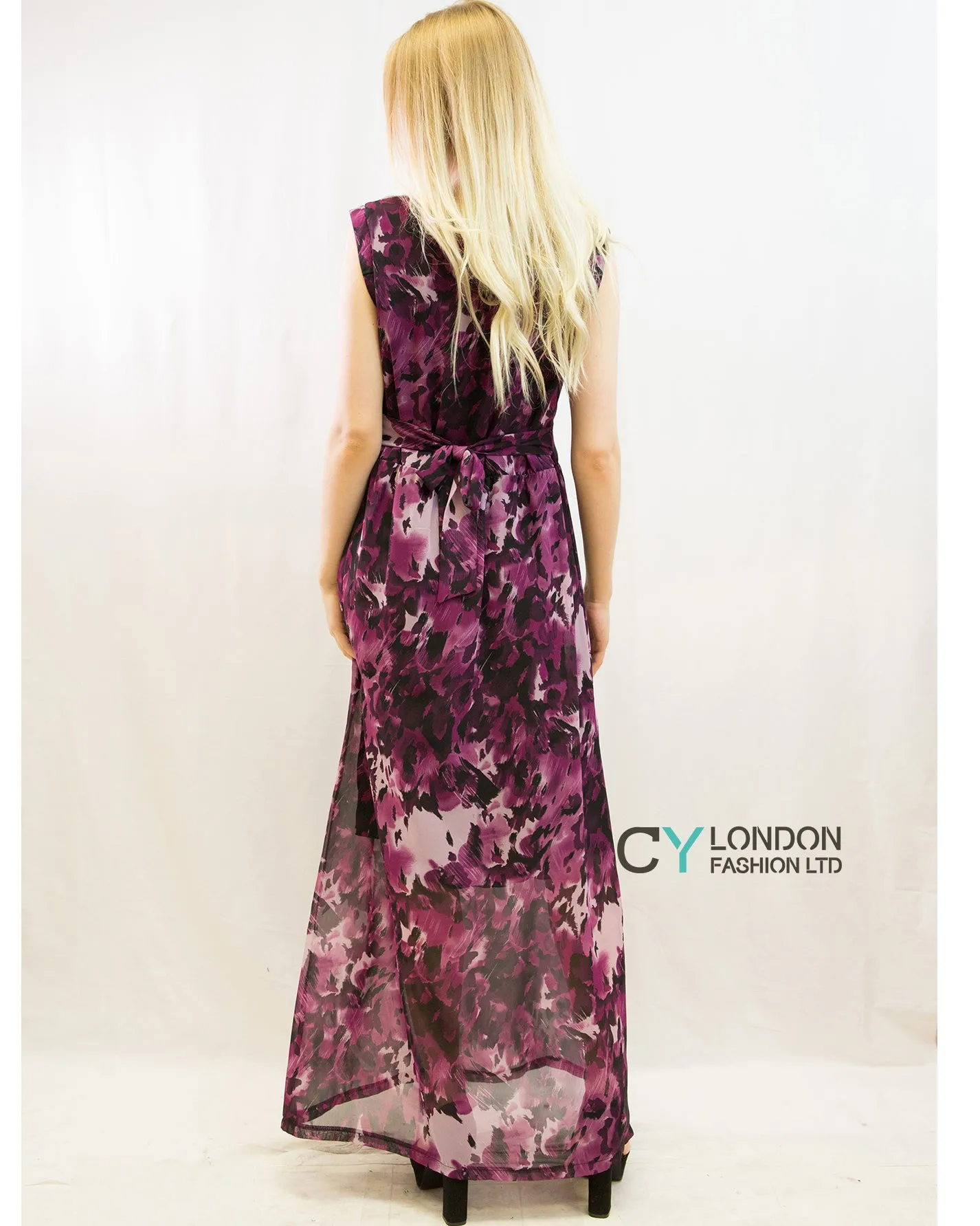 Purple Print Drape Detail Chiffon Maxi Dress