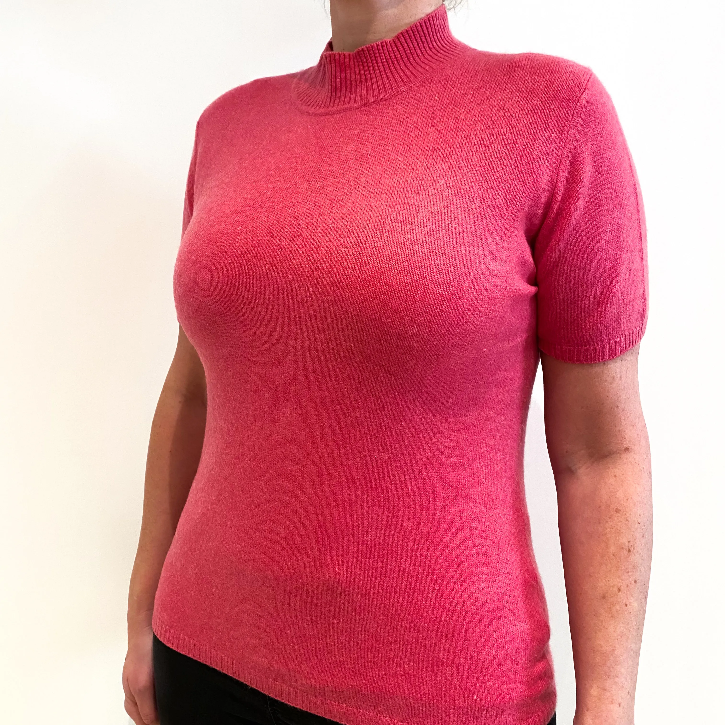 Rose Pink Cashmere Short Sleeve Turtleneck Jumper Large