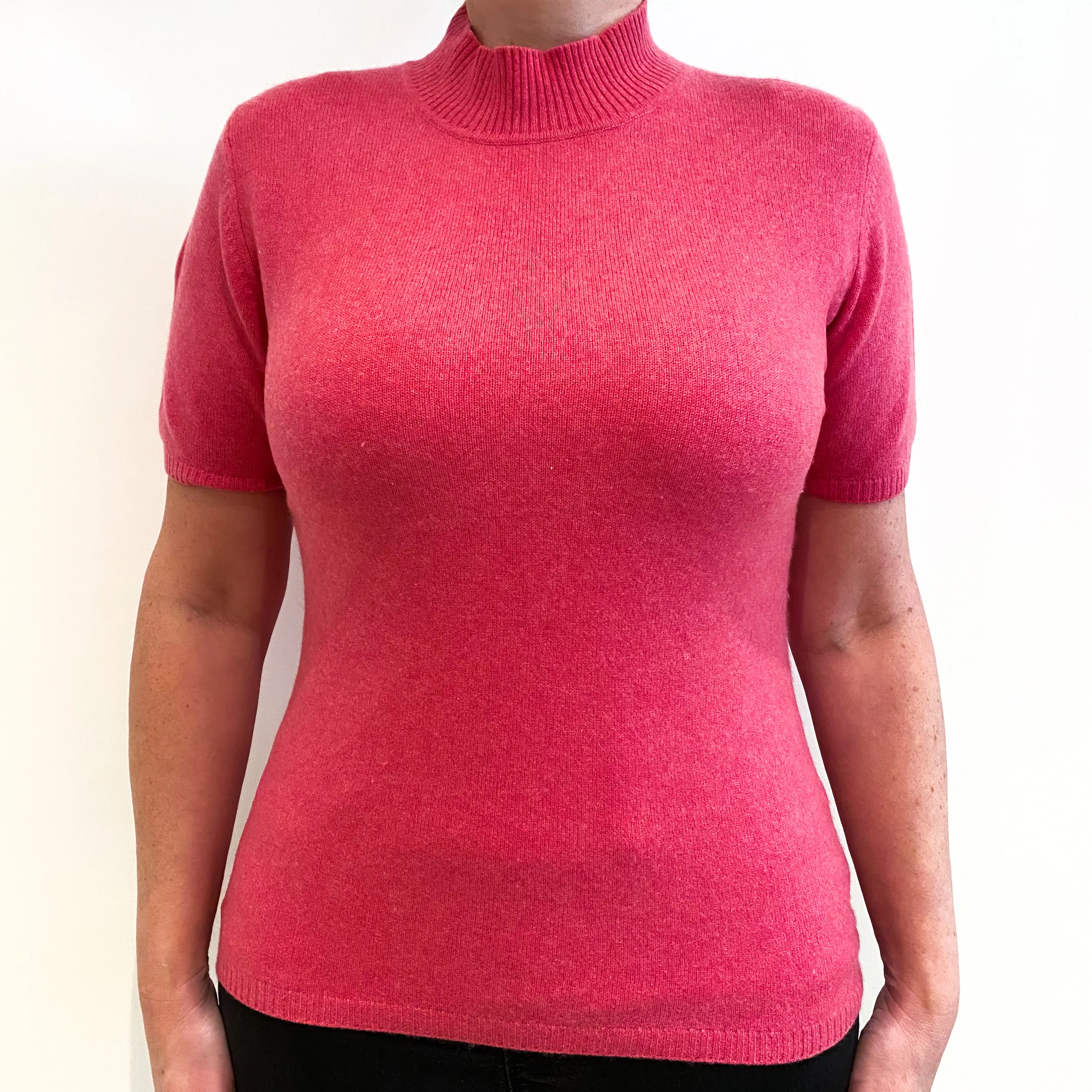 Rose Pink Cashmere Short Sleeve Turtleneck Jumper Large