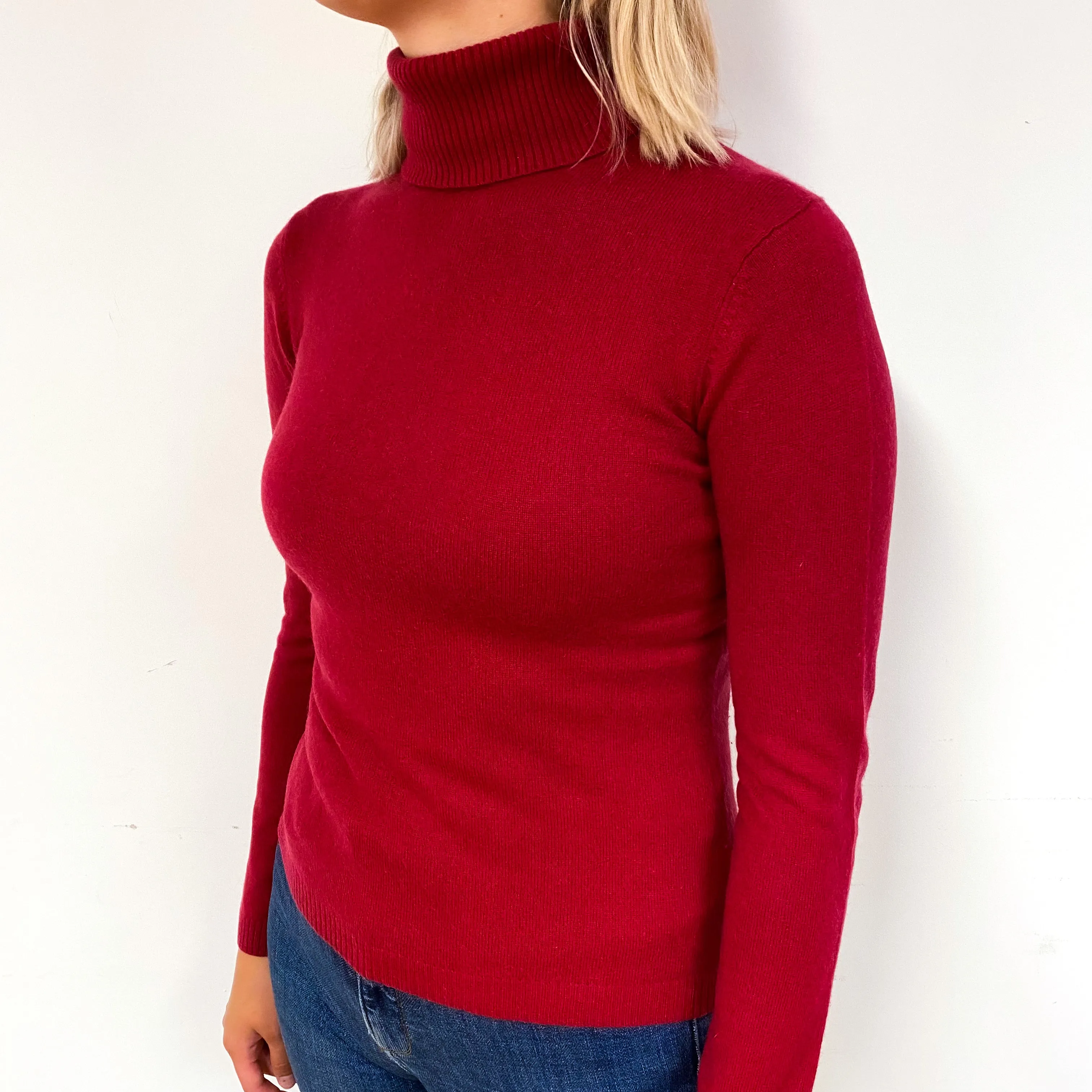 Ruby Red Cashmere Polo Neck Jumper Small