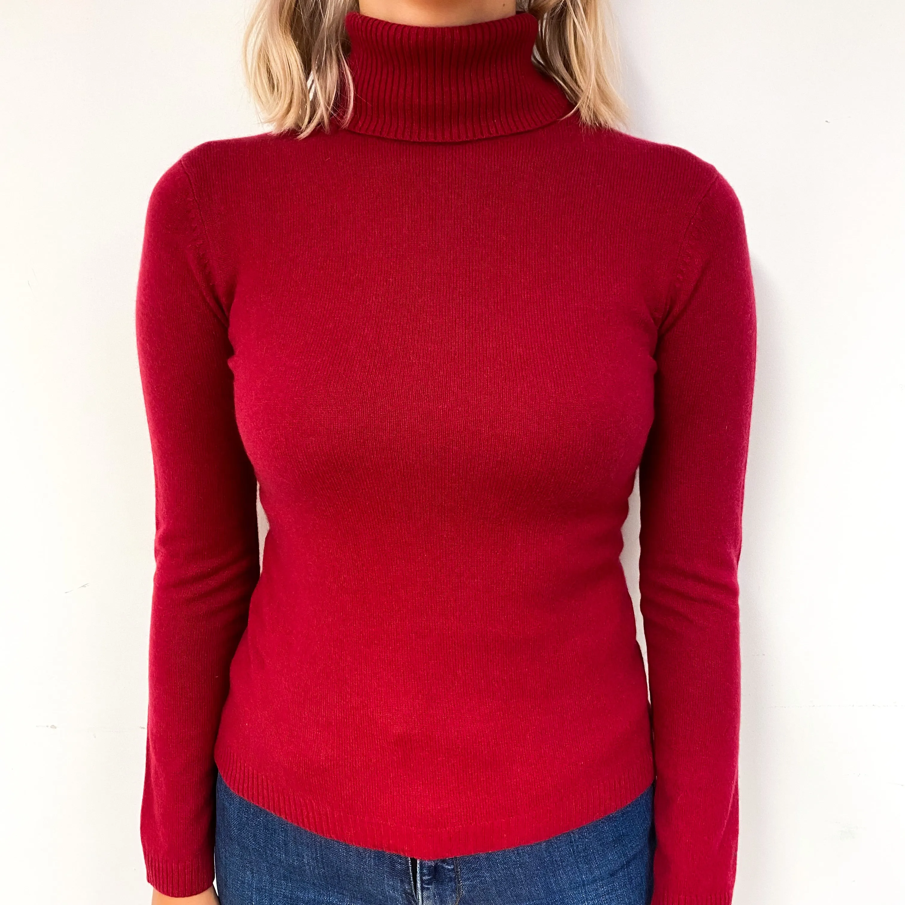 Ruby Red Cashmere Polo Neck Jumper Small