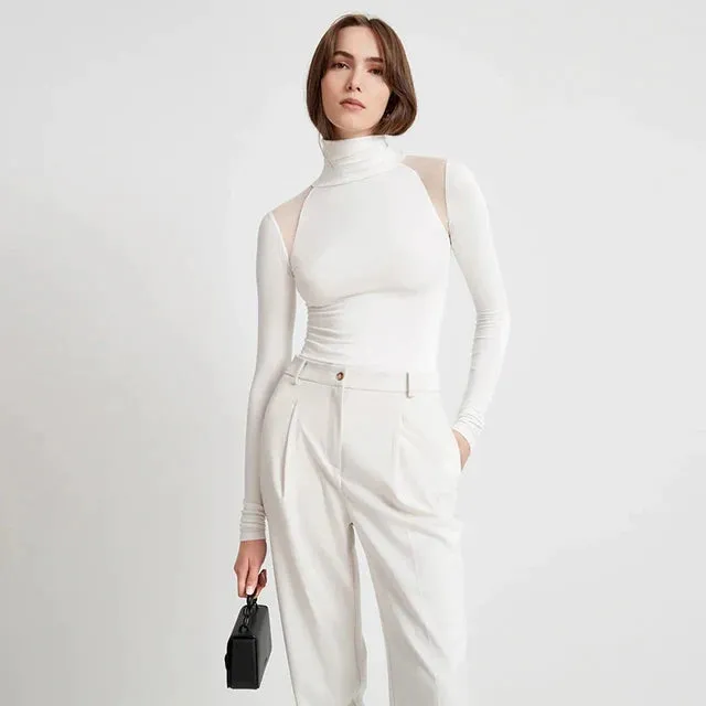Sexy Mesh Patchwork Turtleneck Bodysuit