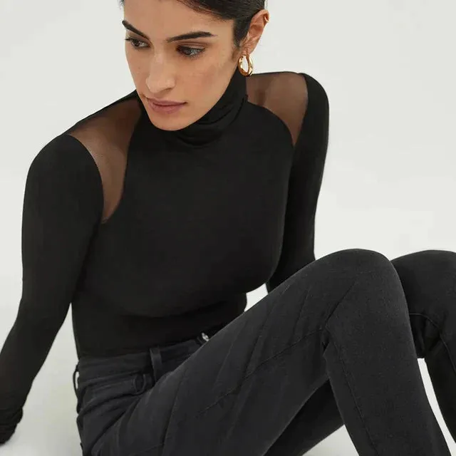 Sexy Mesh Patchwork Turtleneck Bodysuit