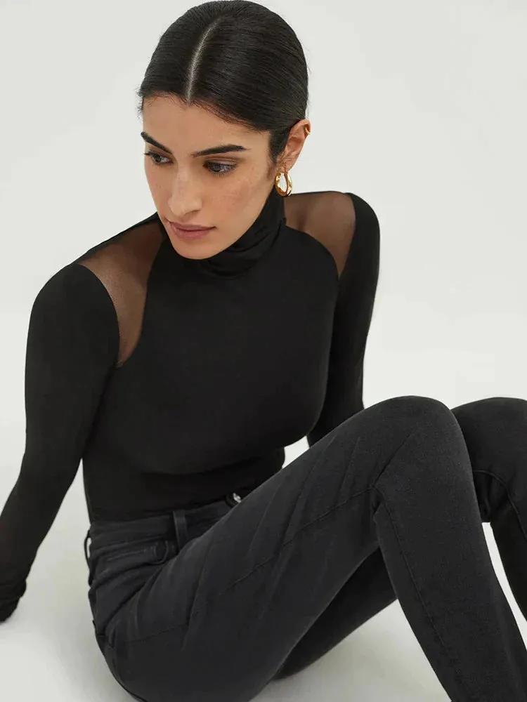 Sexy Mesh Patchwork Turtleneck Bodysuit