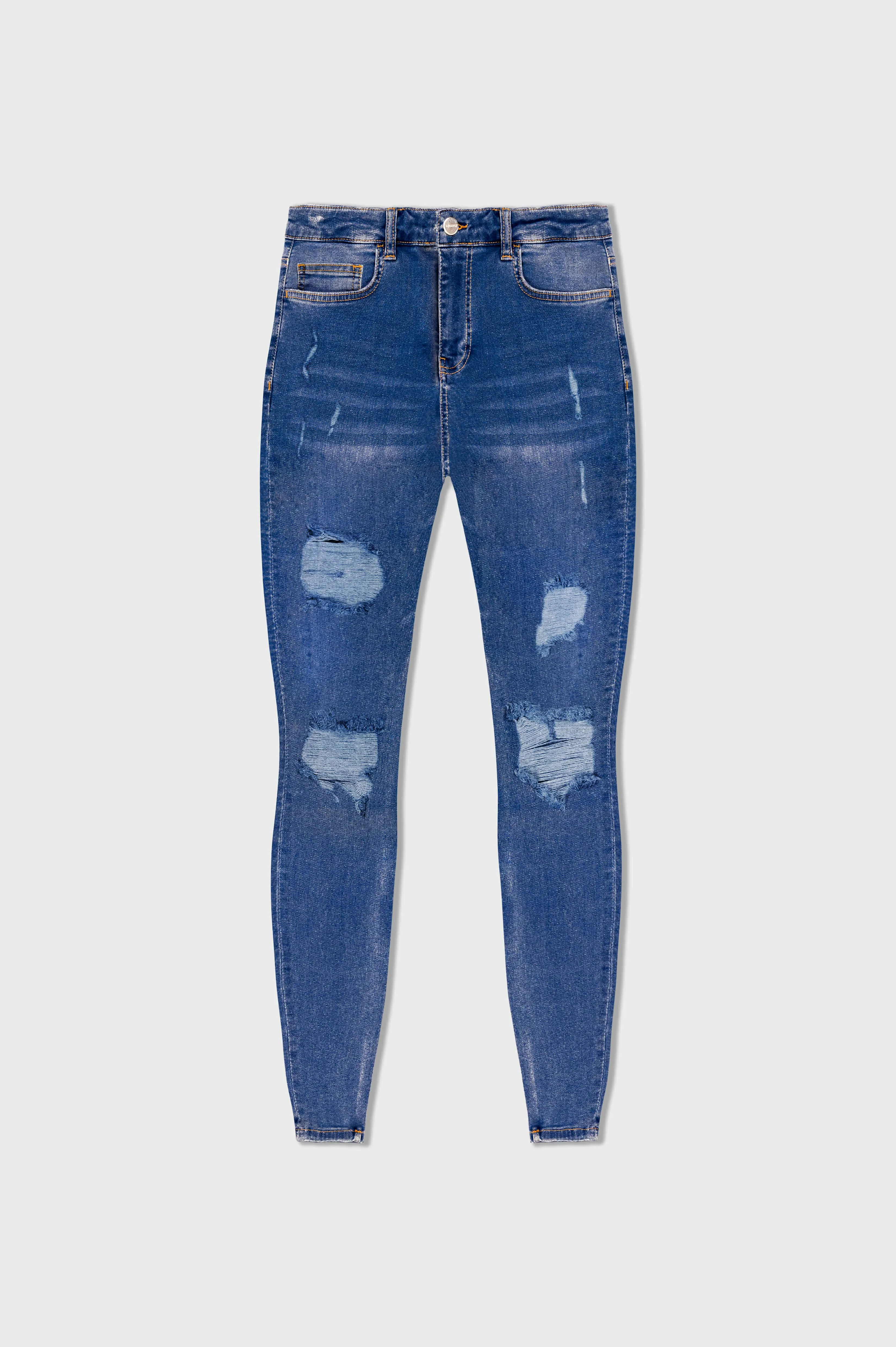 SKINNY FIT JEANS RIPPED AND REPAIRED - DARK BLUE