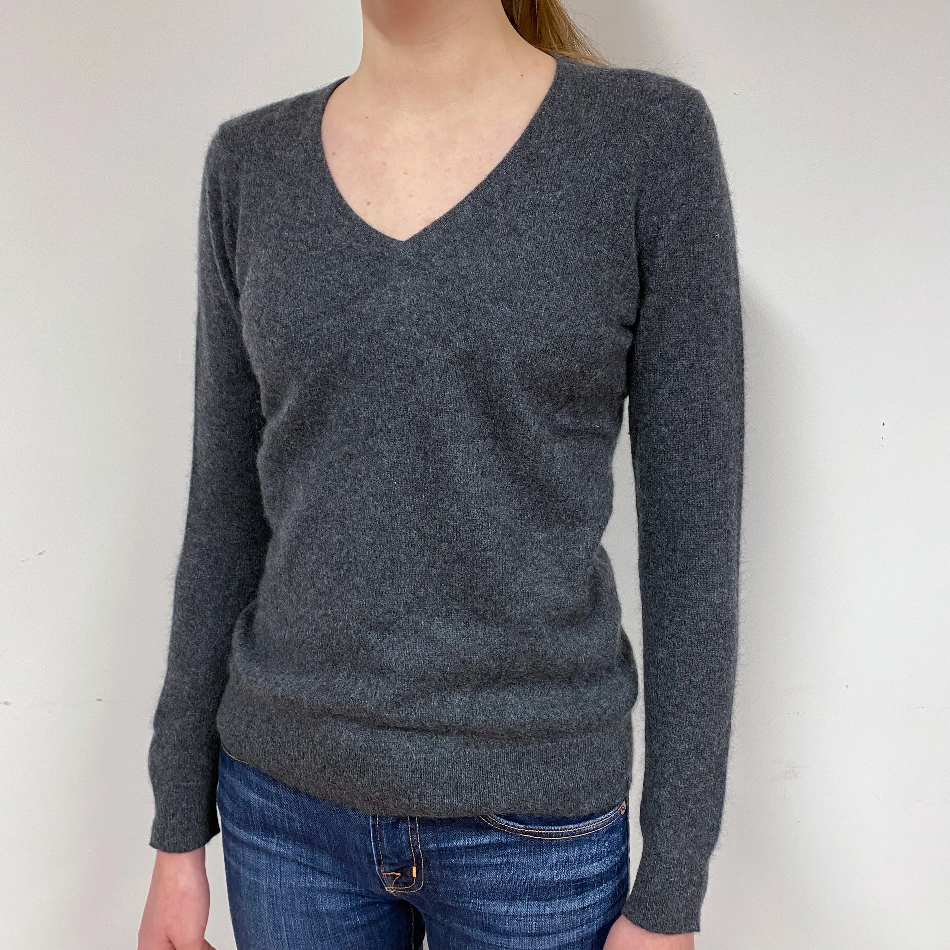 Slate Grey Cashmere V-Neck Jumper Extra Small