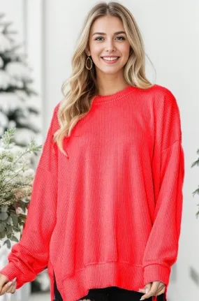 Wave Rib Oversized Sweatshirt with Side Slit /Stuffology Boutique