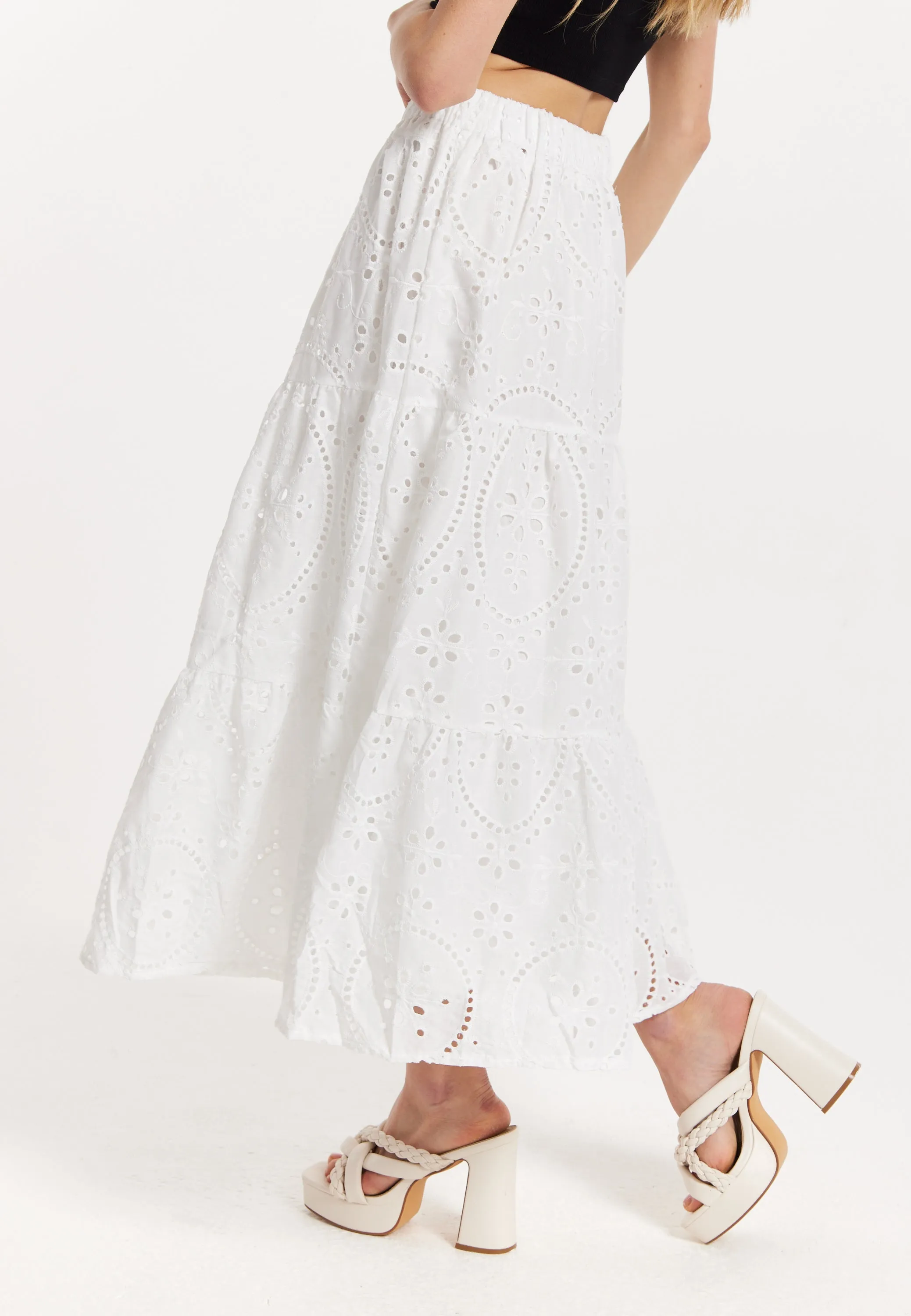 White Embroidered Lace Maxi Skirt