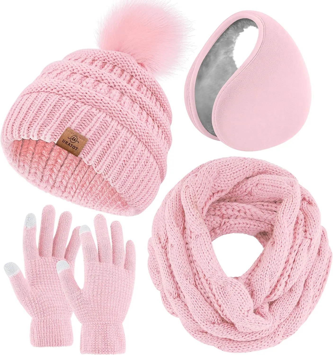 Winter Knit Black Beanie Hat, Scarf, Ear Muff & Gloves Set