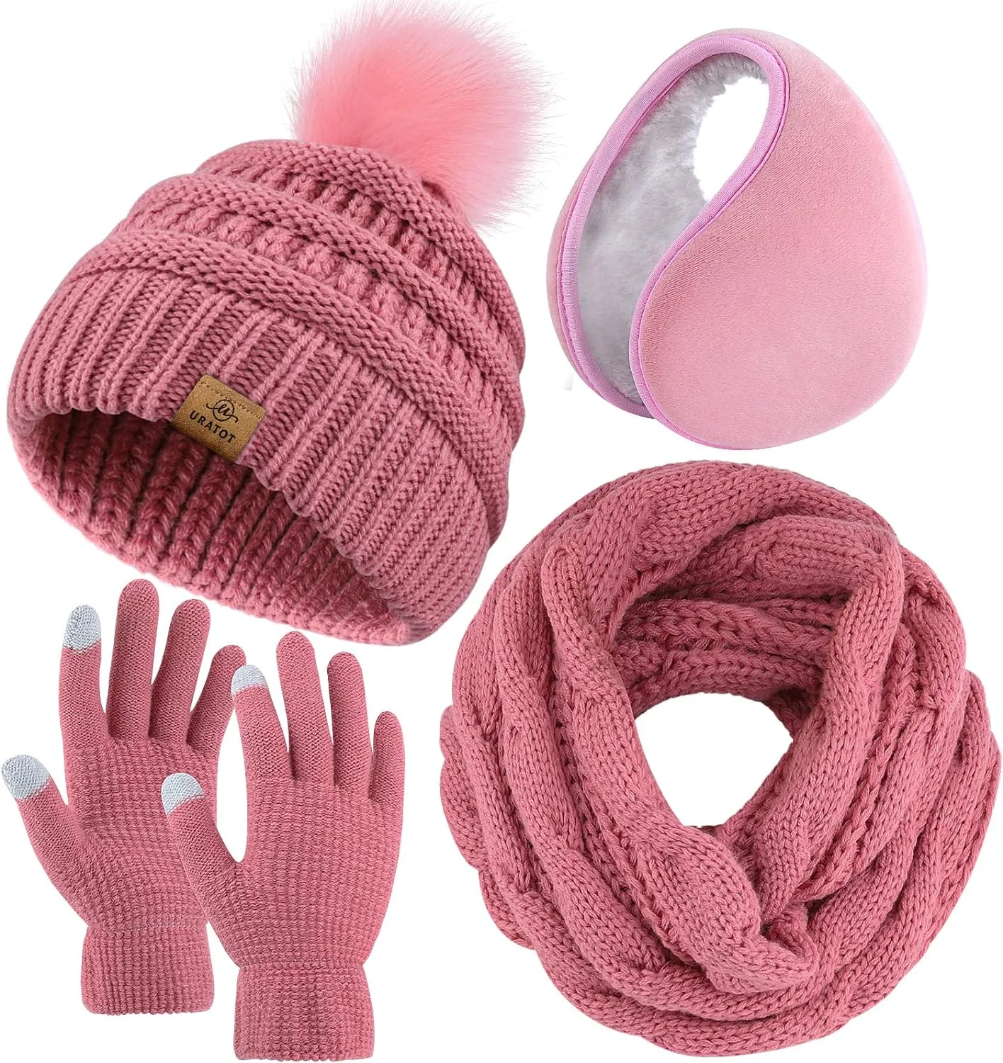Winter Knit Black Beanie Hat, Scarf, Ear Muff & Gloves Set