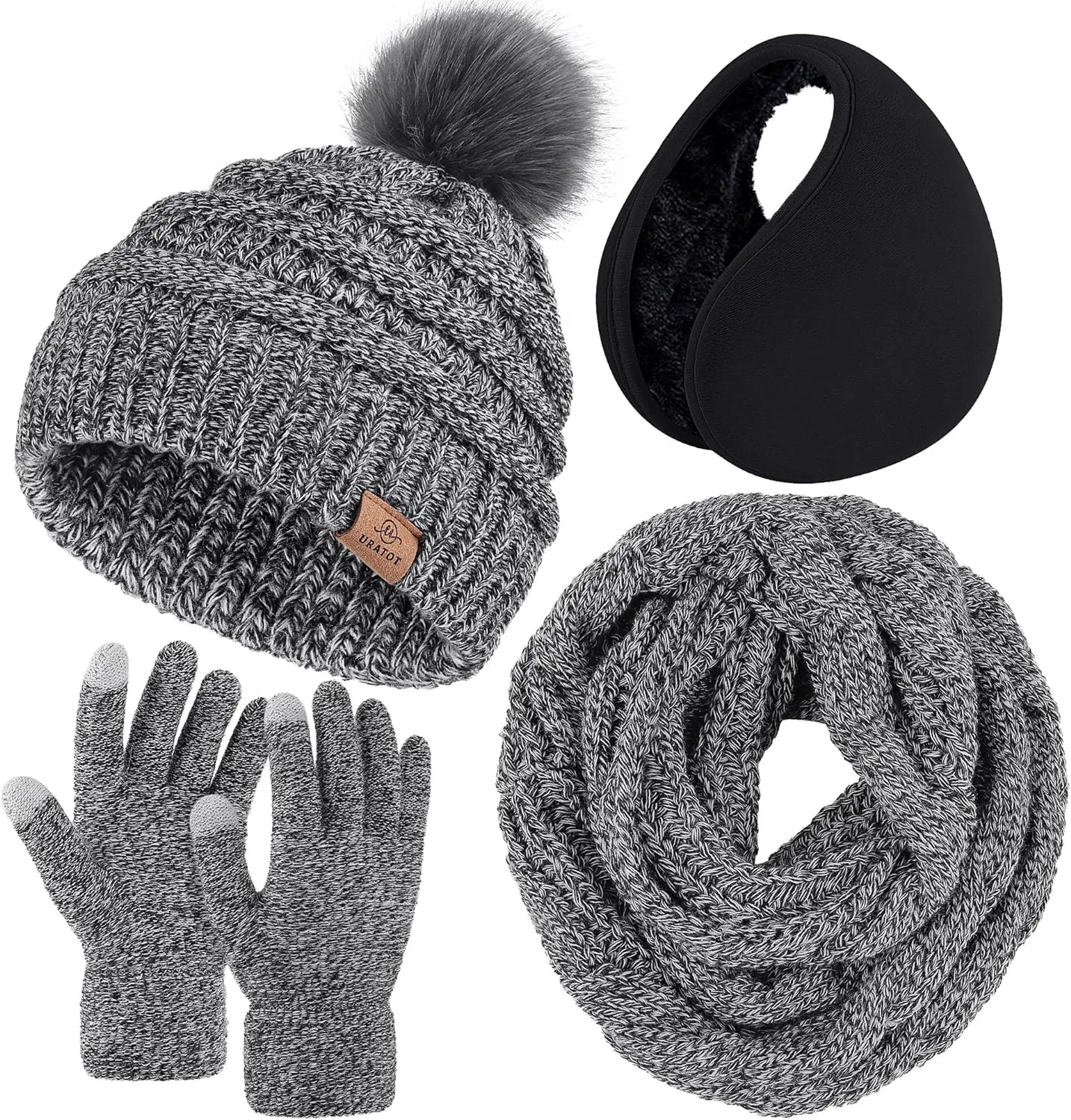 Winter Knit Black Beanie Hat, Scarf, Ear Muff & Gloves Set