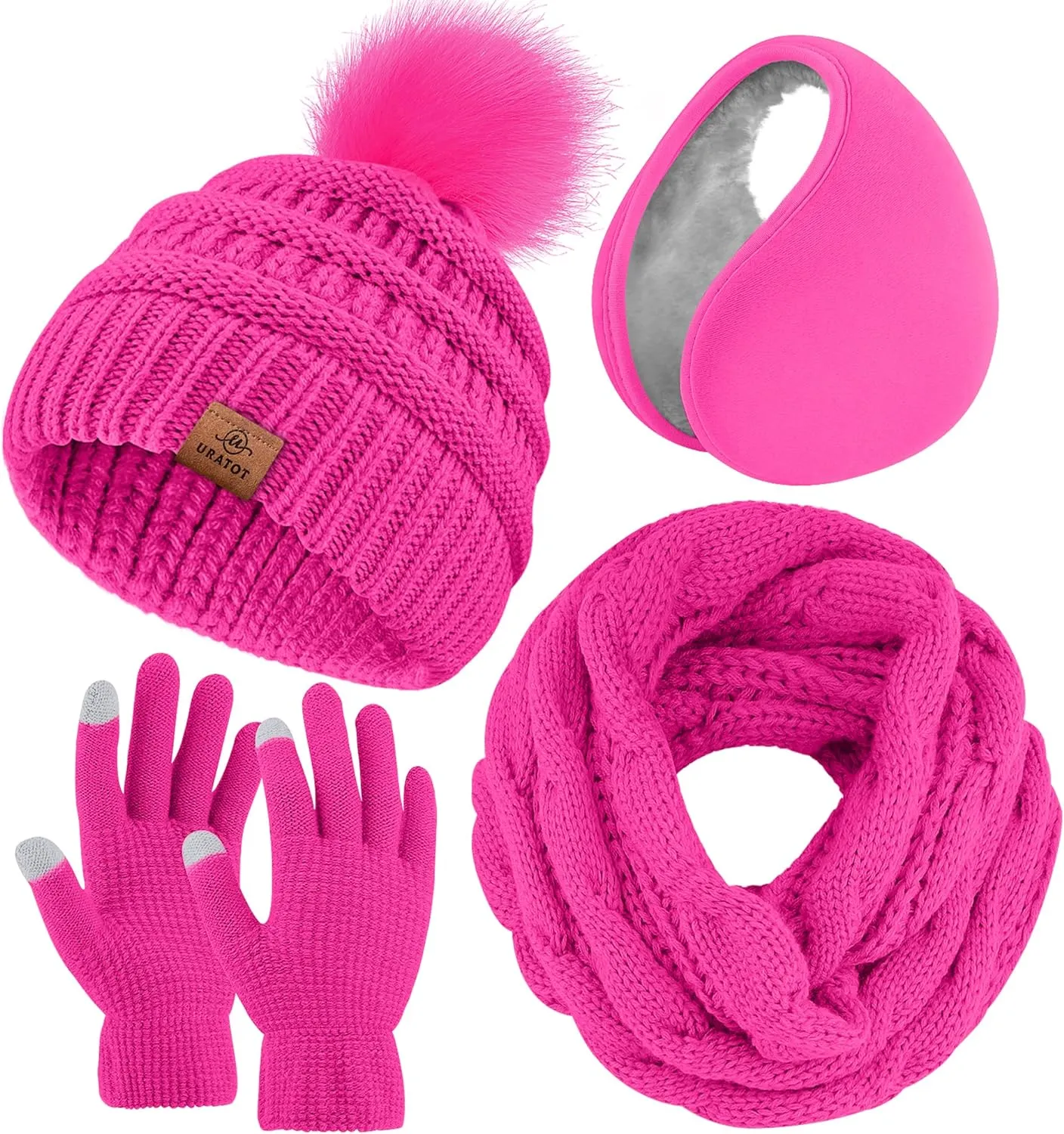 Winter Knit Black Beanie Hat, Scarf, Ear Muff & Gloves Set