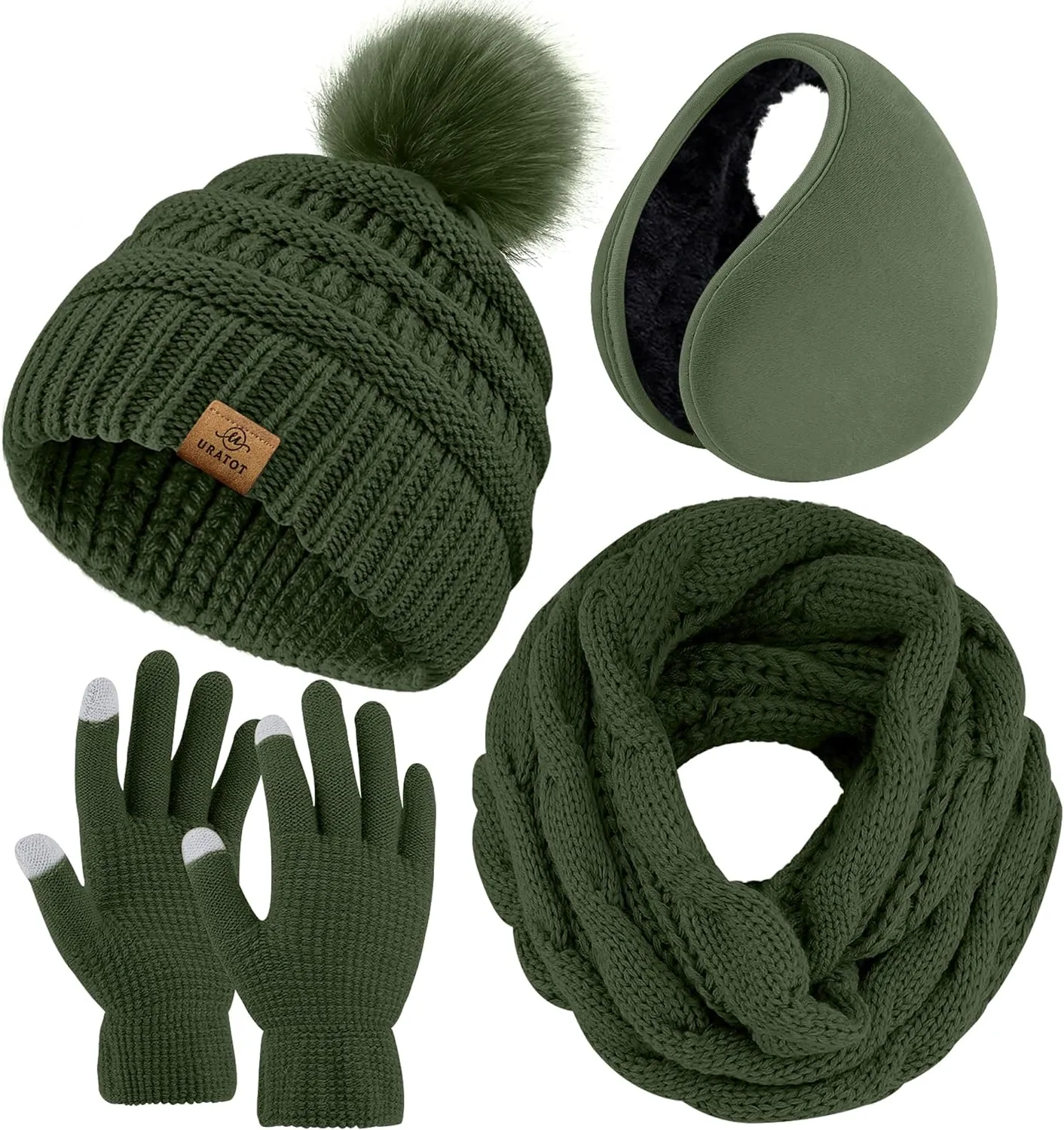 Winter Knit Black Beanie Hat, Scarf, Ear Muff & Gloves Set
