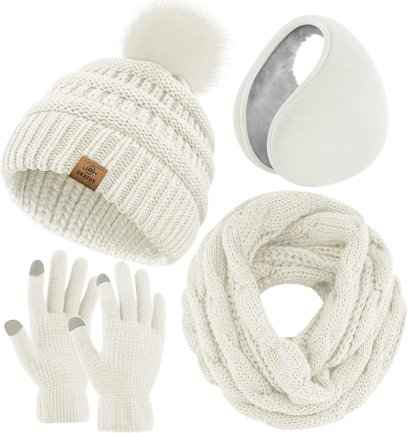 Winter Knit Black Beanie Hat, Scarf, Ear Muff & Gloves Set