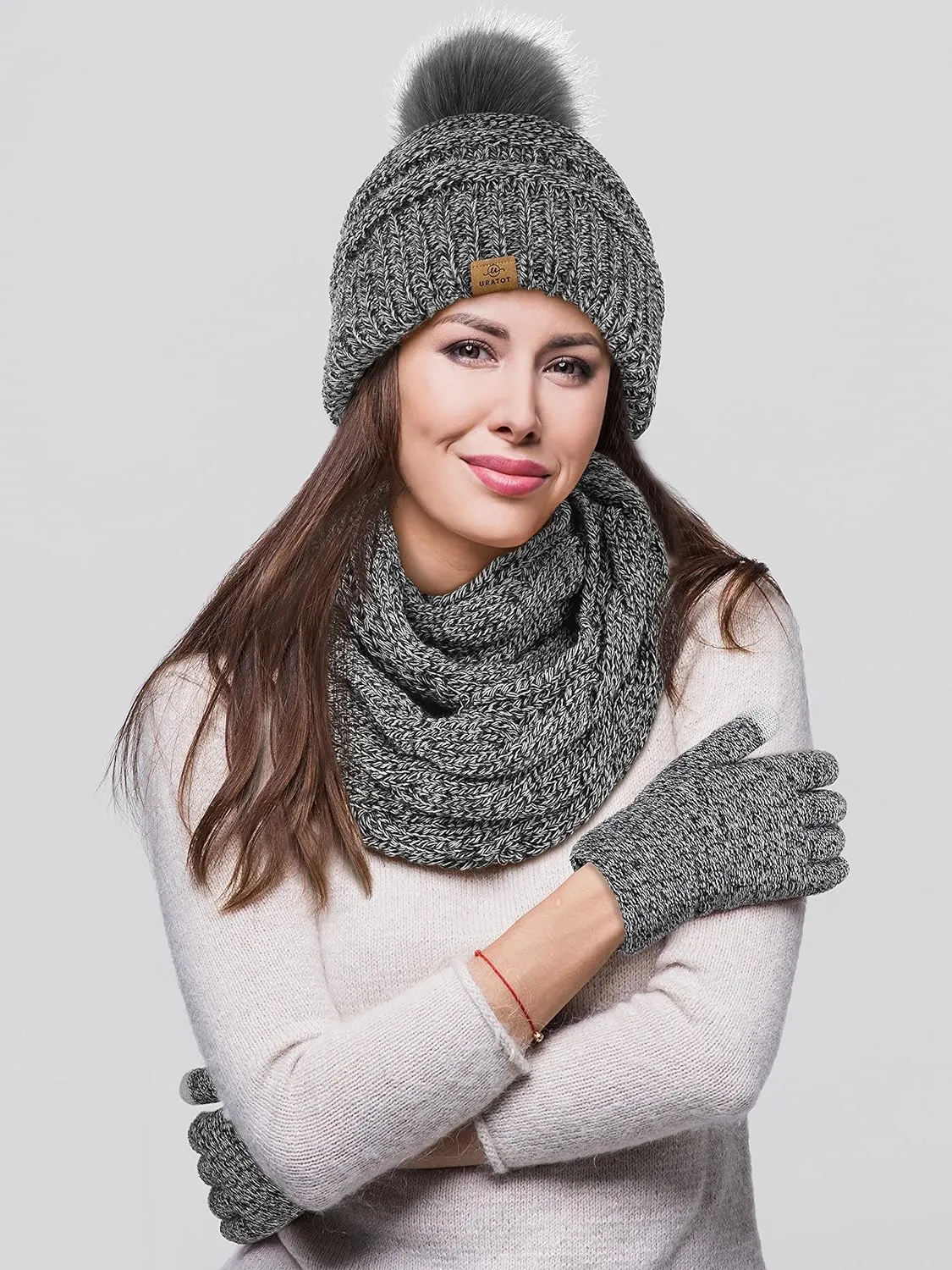 Winter Knit Black Beanie Hat, Scarf, Ear Muff & Gloves Set