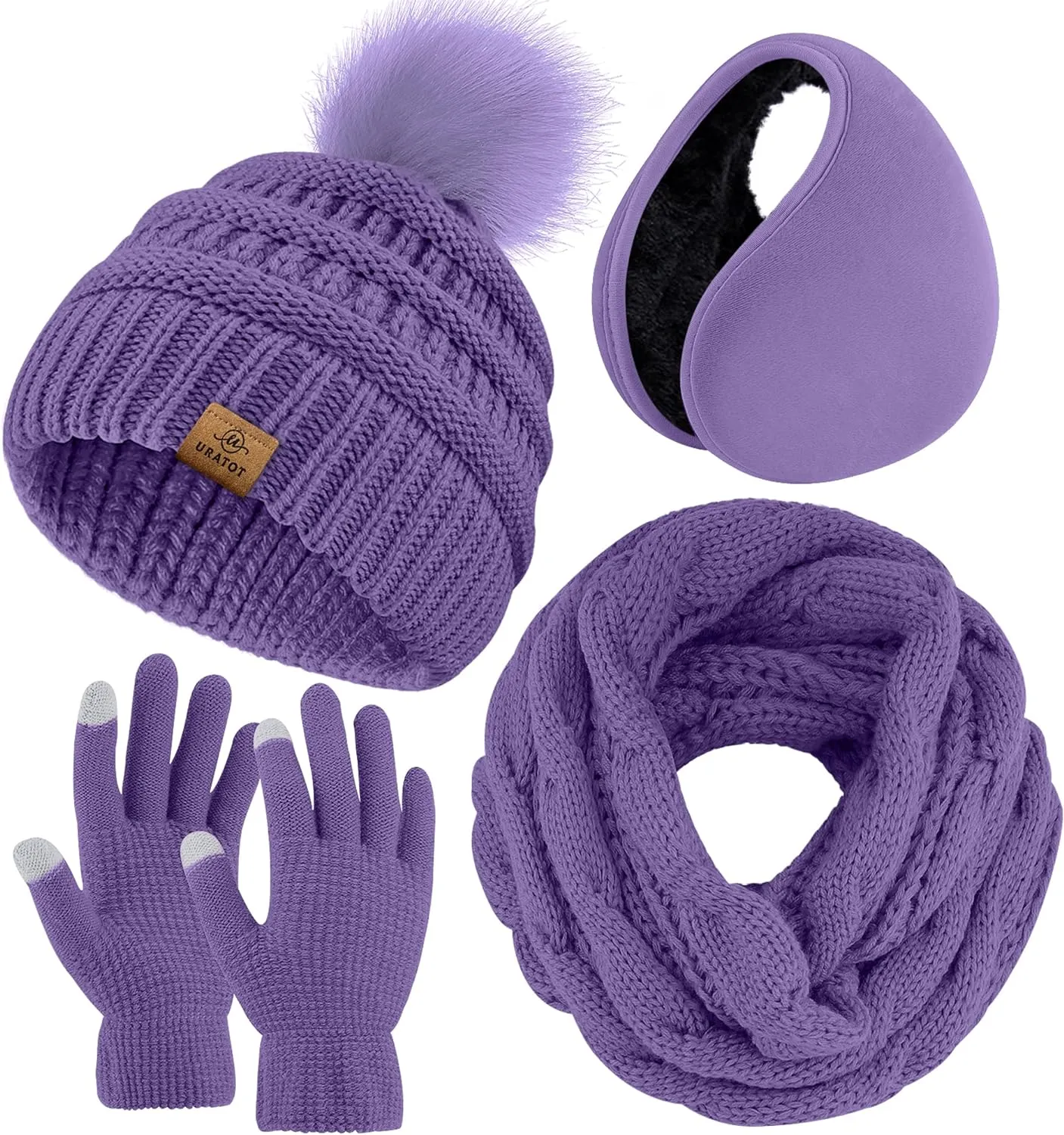 Winter Knit Black Beanie Hat, Scarf, Ear Muff & Gloves Set