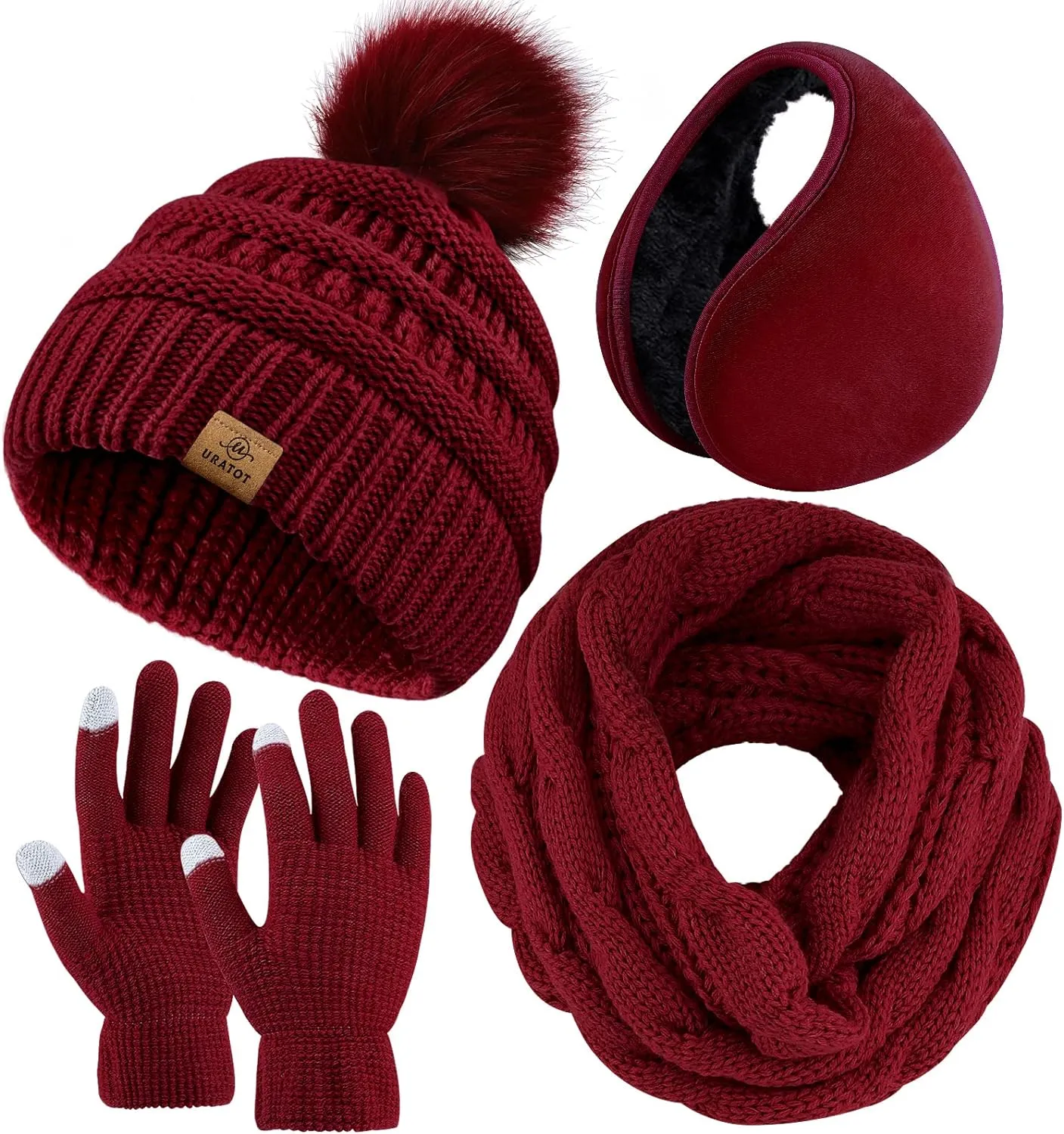Winter Knit Black Beanie Hat, Scarf, Ear Muff & Gloves Set